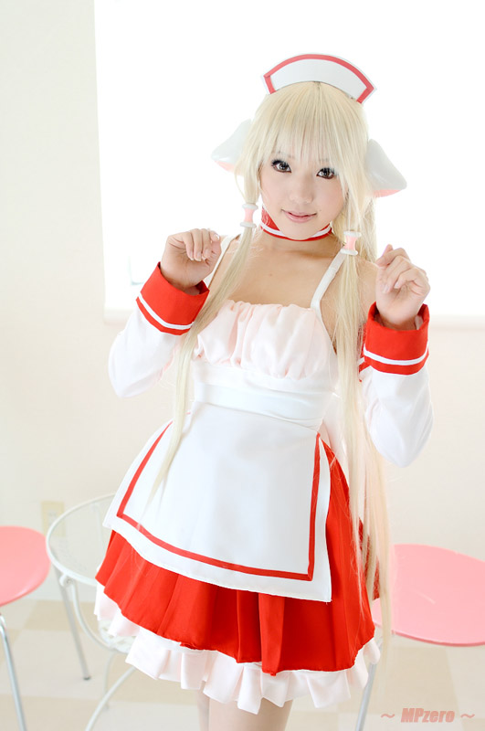 kipi-san, chii, chobits, photo (medium), 1girl, apron, asian, blonde hair, chii (cosplay), cosplay, female focus, indoors, looking at viewer, persocom, solo, waitress, waitress uniform