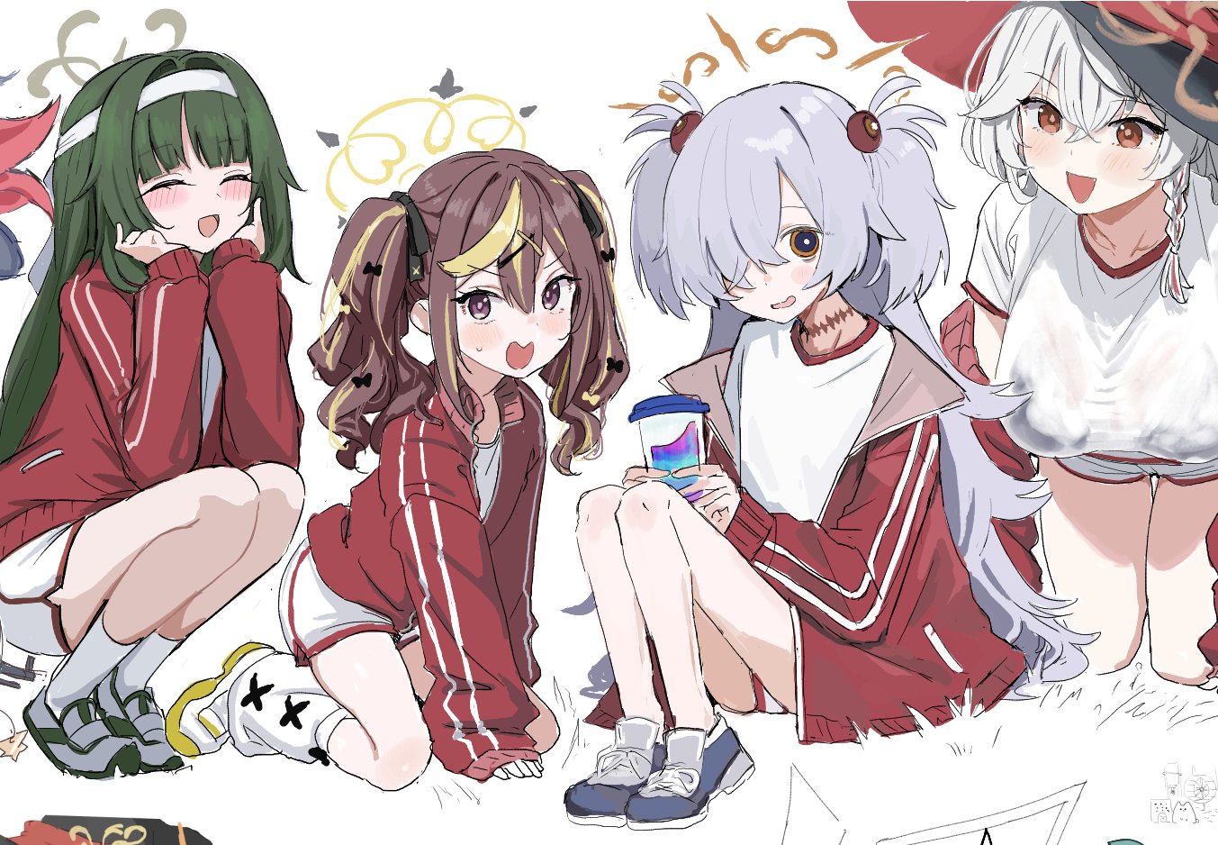 haruharu sensei, eri (blue archive), kanoe (blue archive), rena (blue archive), tsumugi (blue archive), blue archive, 4girls, black bra, blonde hair, blush, bra, braid, breasts, brown hair, closed eyes, green hair, grey hair, gym shirt, gym uniform, hair bobbles, hair ornament, hair over one eye, halo, hat, jacket, large breasts, long hair, long sleeves, looking at viewer, multicolored hair, multiple girls, official alternate costume, open clothes, open jacket, open mouth, purple eyes, red eyes, red jacket, shirt, shoes, shorts, side braid, simple background, sitting, smile, sneakers, socks, streaked hair, tail, track jacket, twintails, two side up, underwear, white background, white hair, white shirt, white shorts, white socks, witch hat, yellow halo