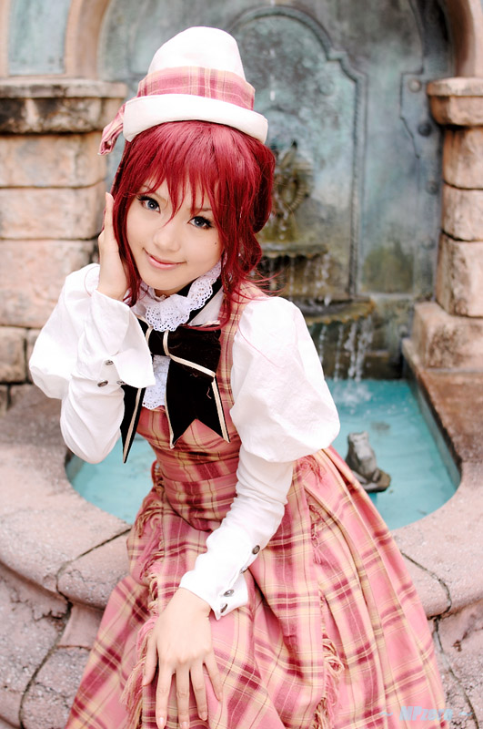 kipi-san, esther blanchett, trinity blood, photo (medium), 1girl, asian, blue eyes, color contacts, cosplay, dress, esther blanchett (cosplay), female focus, fountain, frog, looking at viewer, mole, outdoors, puffy sleeves, red hair, sitting, solo, statue
