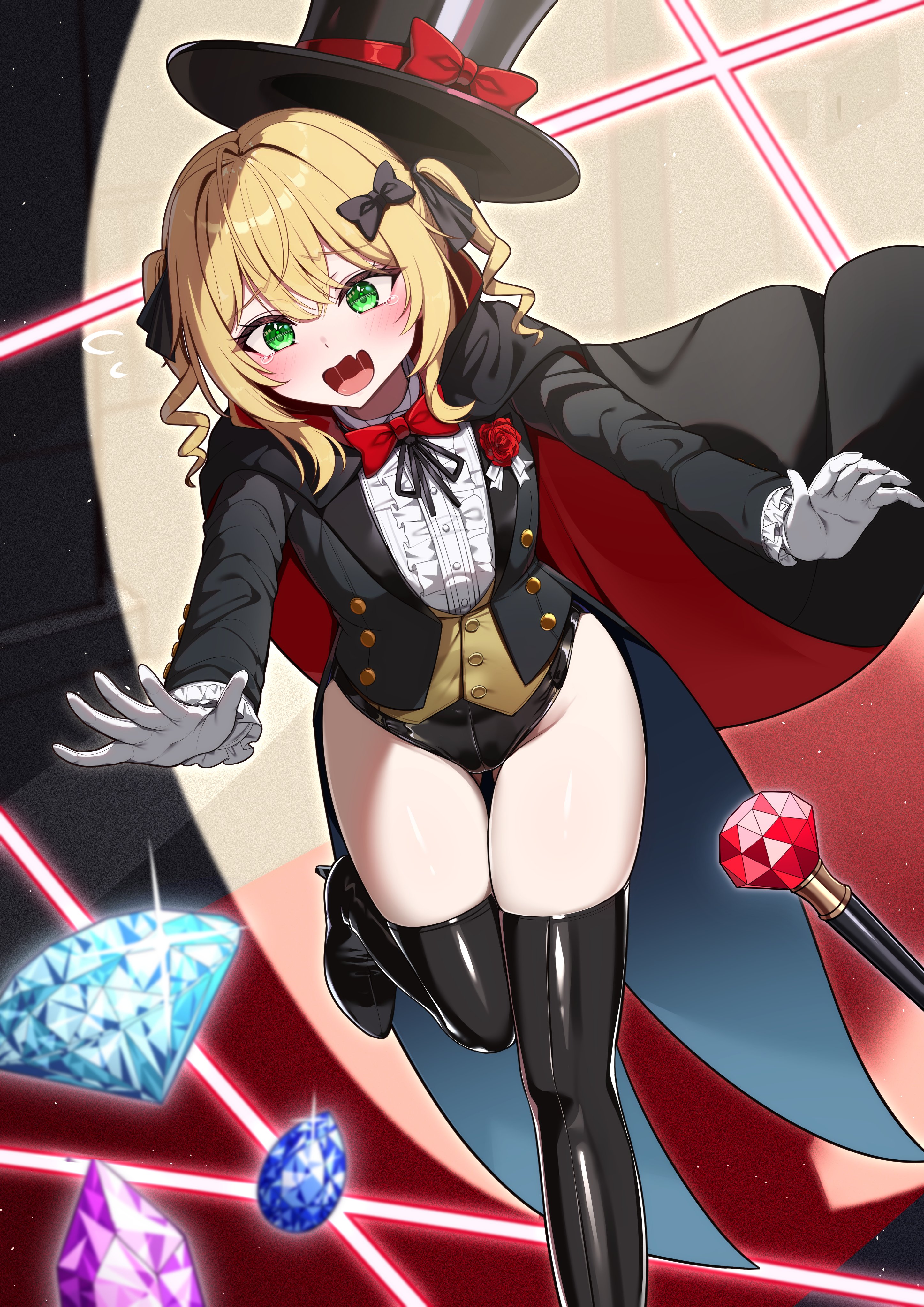 phantom thief (kkmomo67), 1girl, black leotard, blonde hair, bow, green eyes, jewel, leotard, red bow