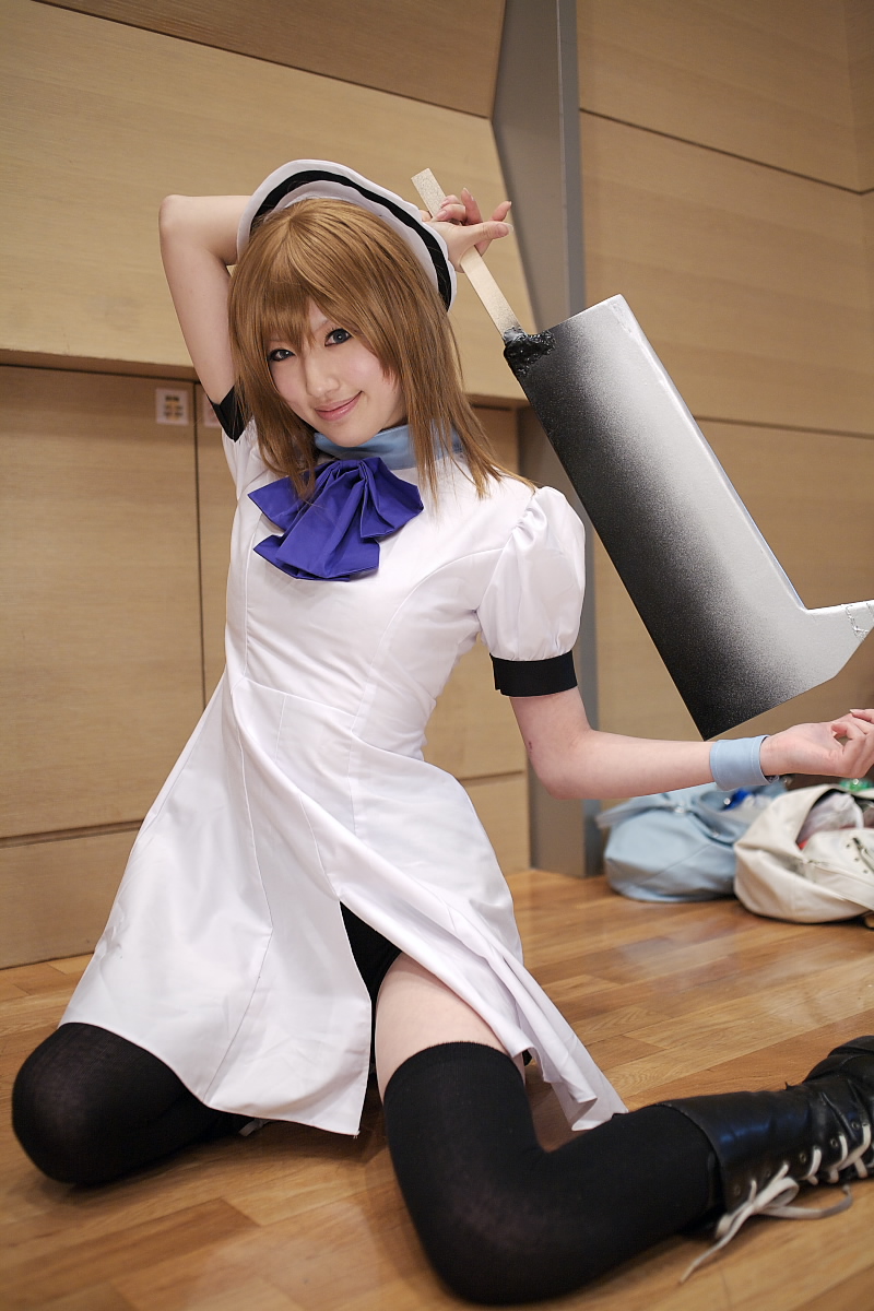 saya (cosplayer), ryuuguu rena, higurashi no naku koro ni, highres, photo (medium), billhook, boots, cosplay, hat, sailor hat, thighhighs