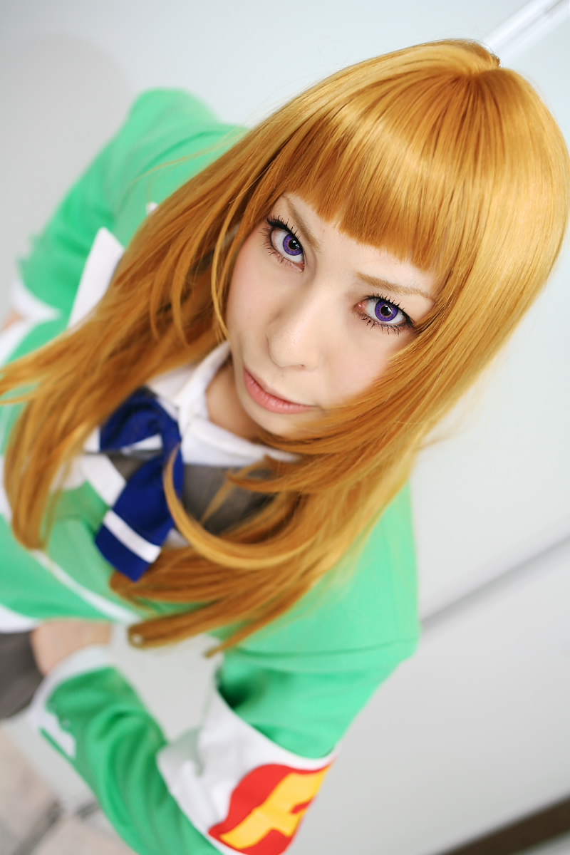 ari (model), suzushiro haruka, my-hime, highres, photo (medium), armband, blonde hair, cosplay, school uniform, serafuku, thighhighs