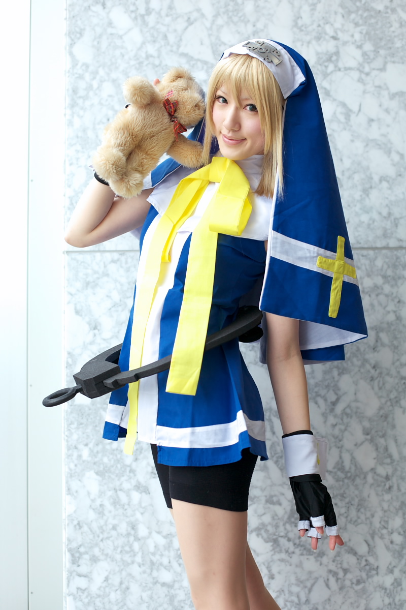 saya (cosplayer), bridget (guilty gear), arc system works, guilty gear, highres, photo (medium), blonde hair, cosplay, teddy bear