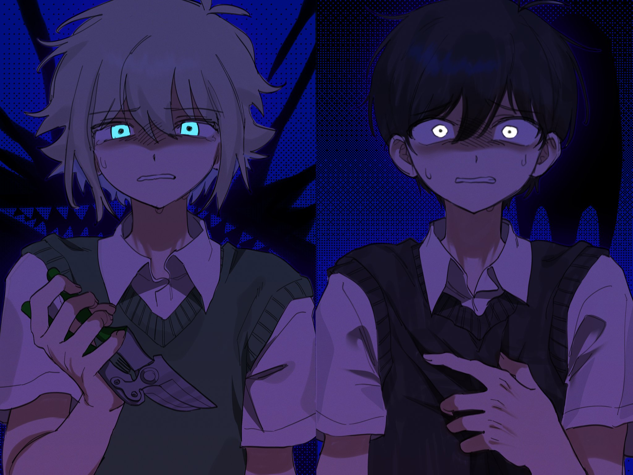 iomor snuuy, basil (faraway) (omori), basil (omori), something (omori), sunny (omori), omori, highres, spoilers, 2boys, antenna hair, black hair, black sweater vest, blonde hair, blue eyes, clenched teeth, collared shirt, double-parted bangs, gardening shears, green sweater vest, male focus, multiple boys, parted lips, scene reference, shirt, short hair, sidelocks, sweat, sweatdrop, sweater vest, teeth, white shirt