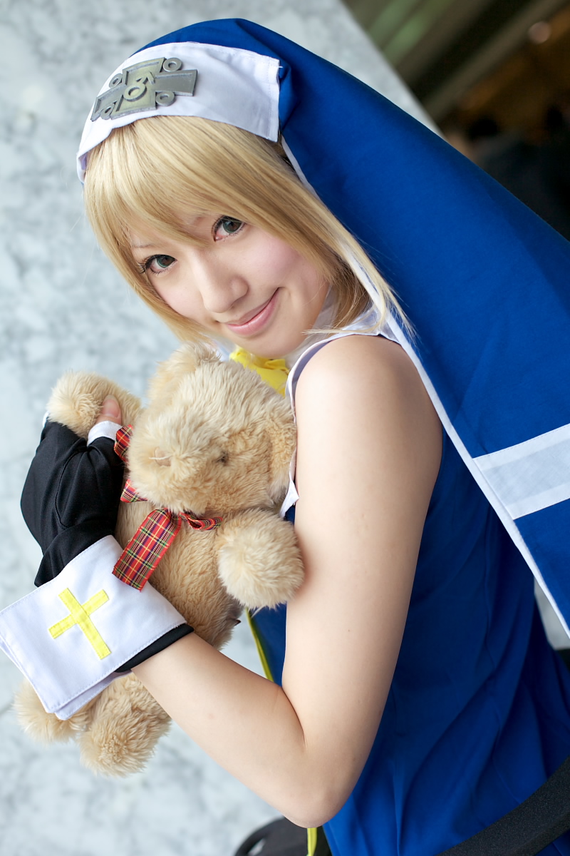 saya (cosplayer), bridget (guilty gear), arc system works, guilty gear, highres, photo (medium), blonde hair, cosplay, teddy bear