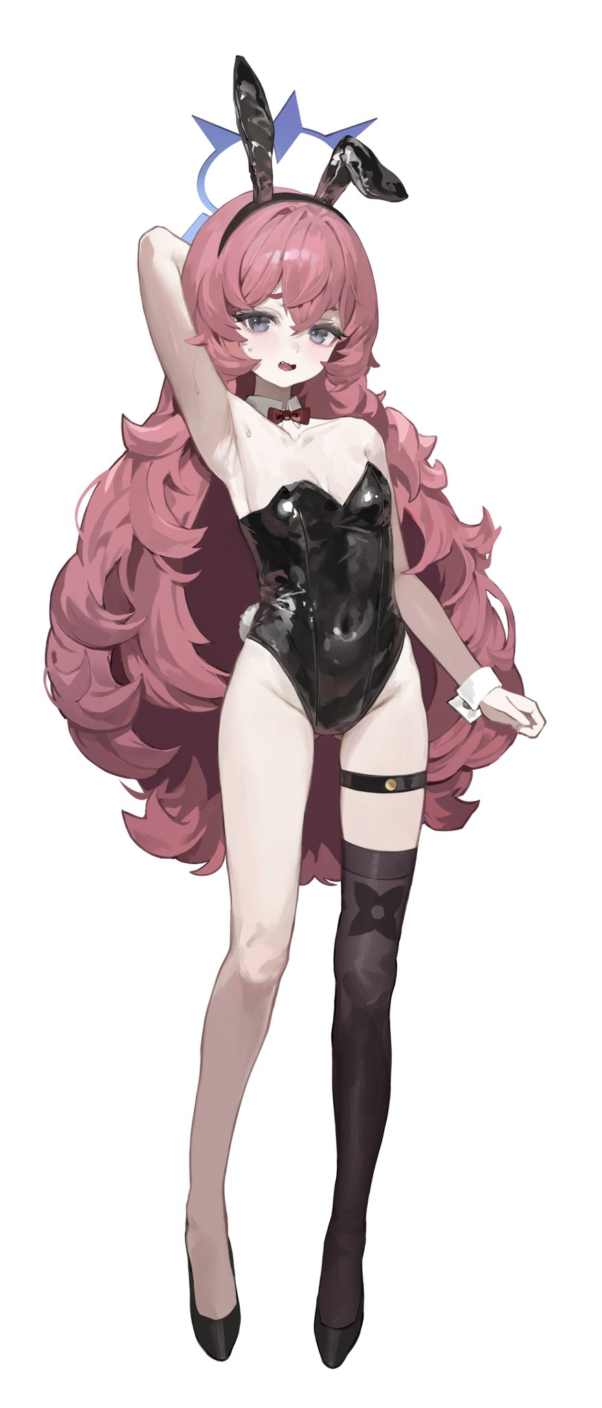 bxlm08, iroha (blue archive), blue archive, fluffy hair, highres, 1girl, alternate costume, animal ear hairband, animal ears, arm behind head, armpits, bare arms, bare shoulders, black hairband, black leotard, black shoes, black thighhighs, blue eyes, blue halo, blush, fake animal ears, fake tail, hair between eyes, hairband, halo, highleg, highleg leotard, leotard, long hair, looking at viewer, open mouth, rabbit ear hairband, rabbit ears, rabbit tail, red hair, shoes, sidelocks, single thighhigh, solo, strapless, strapless leotard, sweat, tail, thigh strap, thighhighs