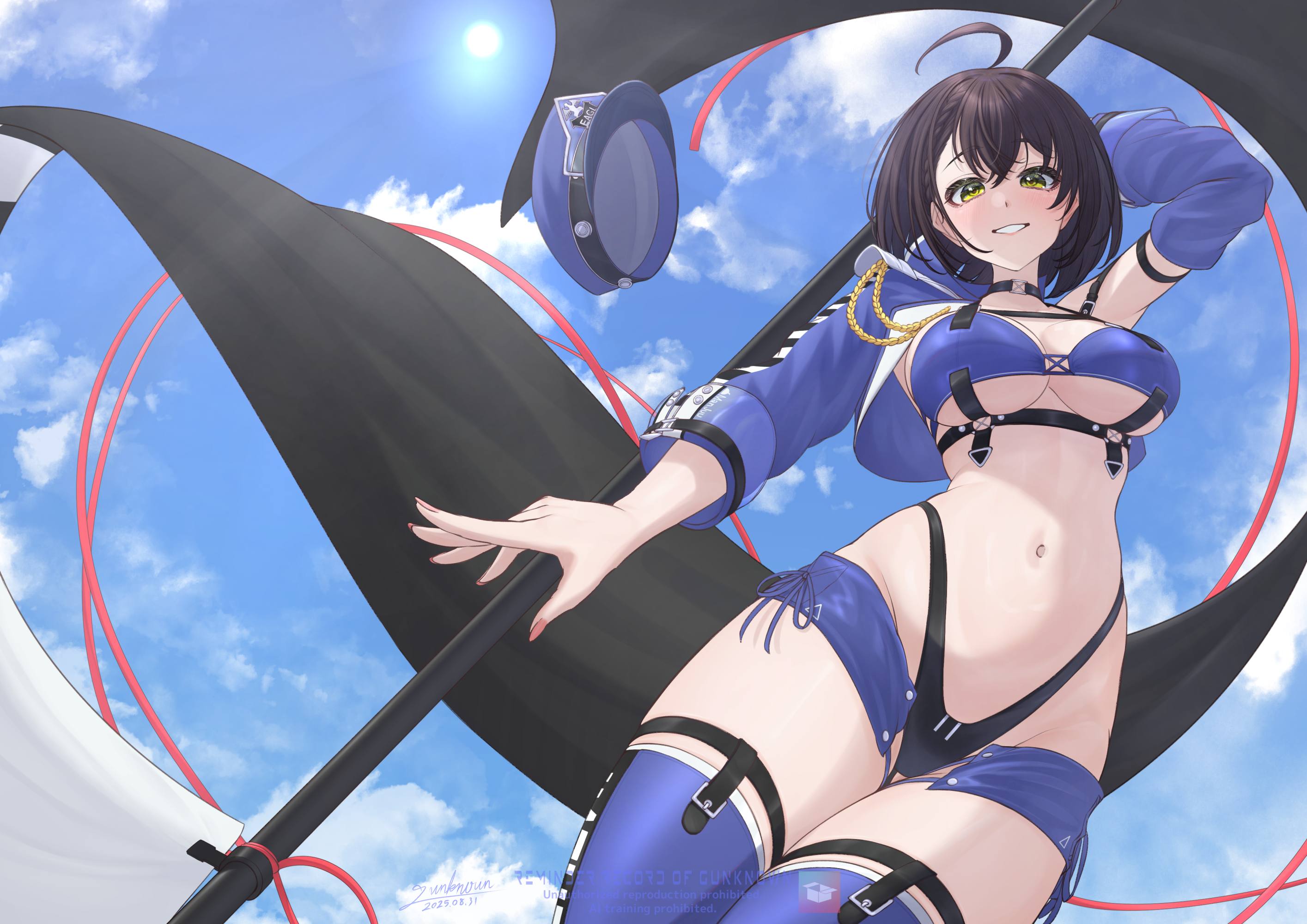 gunknown, baltimore (azur lane), baltimore (finish line flagbearer) (azur lane), azur lane, commentary request, highres, 1girl, ahoge, arm up, bikini, black bikini, black choker, blue bikini, blue boots, blue hat, blue jacket, blue shorts, blue sky, blue sleeves, boots, braid, braided bangs, breasts, brown hair, chest harness, choker, cleavage, cloud, cowboy shot, cropped jacket, day, detached sleeves, flag, grin, groin, hair between eyes, harness, hat, highleg, highleg bikini, holding, holding pole, jacket, large breasts, looking at viewer, micro shorts, mismatched bikini, navel, official alternate costume, open clothes, open jacket, peaked cap, pole, race queen, short hair, shorts, sidelocks, signature, single bare shoulder, single detached sleeve, single sleeve, skindentation, sky, smile, solo, standing, stomach, sun, swimsuit, thigh boots, underboob, underbust, unworn headwear, watermark, yellow eyes