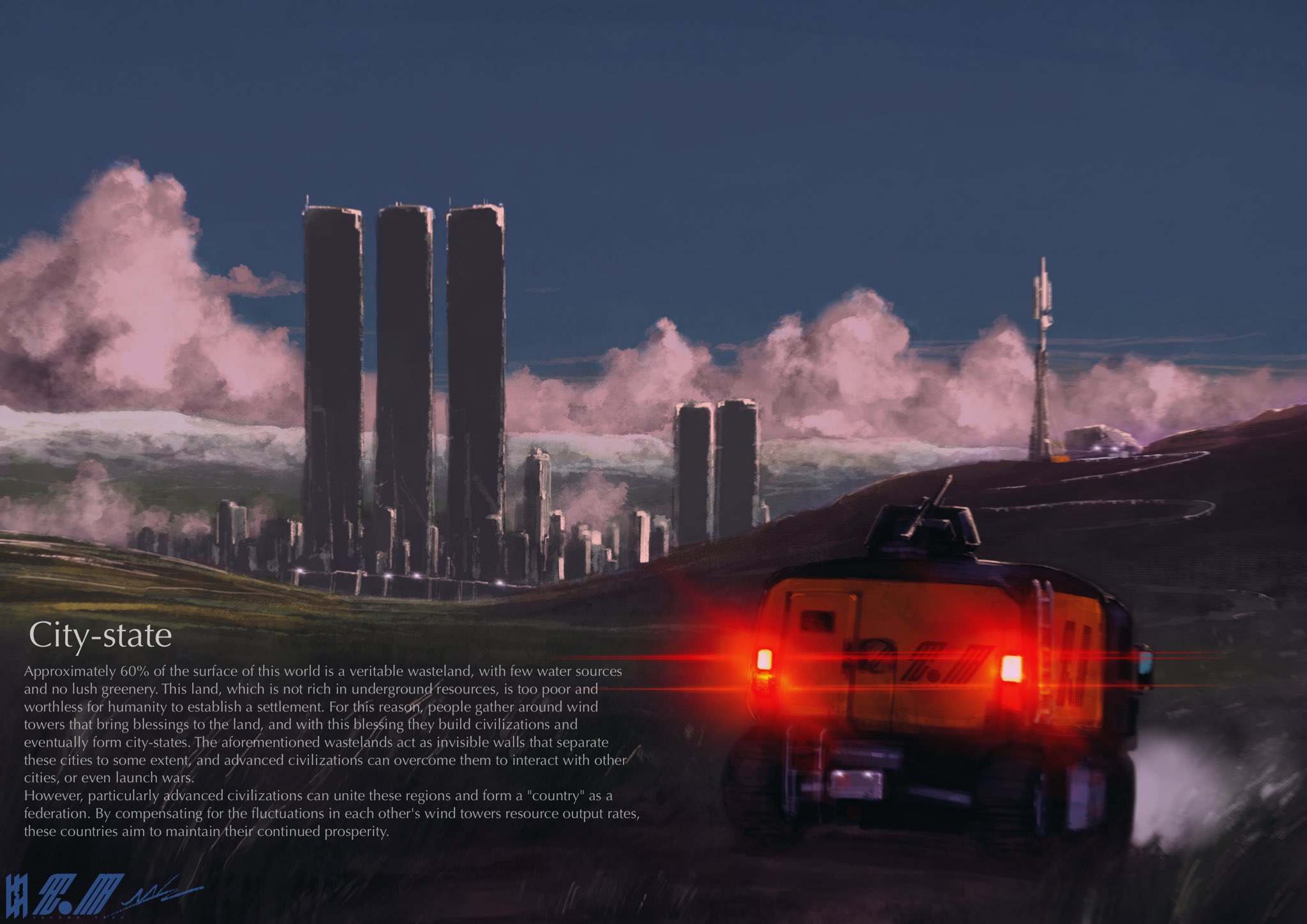 original, highres, architecture, building, car, city, city lights, cityscape, cloud, cloudy sky, dawn, english text, gradient sky, lamppost, landscape, military vehicle, mn90047517, motor vehicle, mountain, mountainous horizon, nature, no humans, outdoors, red light, road, scenery, science fiction, sky, skyline, skyscraper, street, tower, urban, vehicle focus