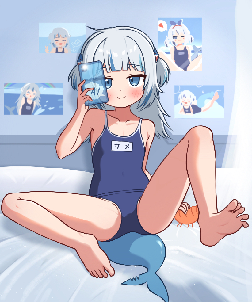 gba jasjas, gawr gura, hololive, hololive english, 1girl, blue eyes, blue one-piece swimsuit, feet, fins, fish tail, legs, medium hair, multicolored hair, name tag, one-piece swimsuit, school swimsuit, selfie, shark girl, shark tail, streaked hair, swimsuit, tail, white hair