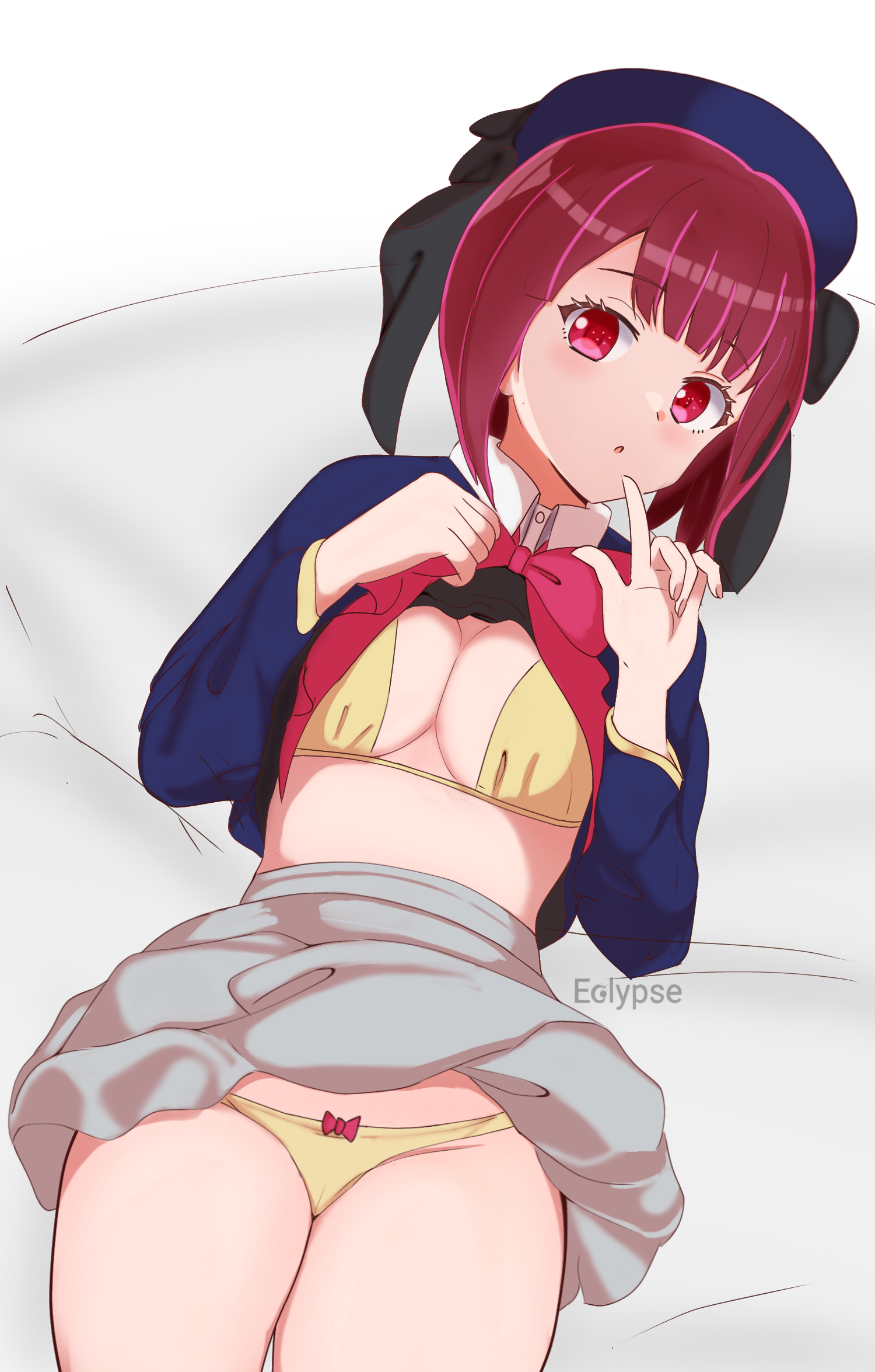 eclyart, arima kana, oshi no ko, highres, 1girl, blue hat, blunt bangs, bow, bra, breasts, cameltoe, collared shirt, hat, lifting own clothes, lying, medium breasts, midriff, on back, panties, red bow, red eyes, red hair, school uniform, shirt, short hair, thick thighs, thighs, underwear, yellow bra, yellow panties