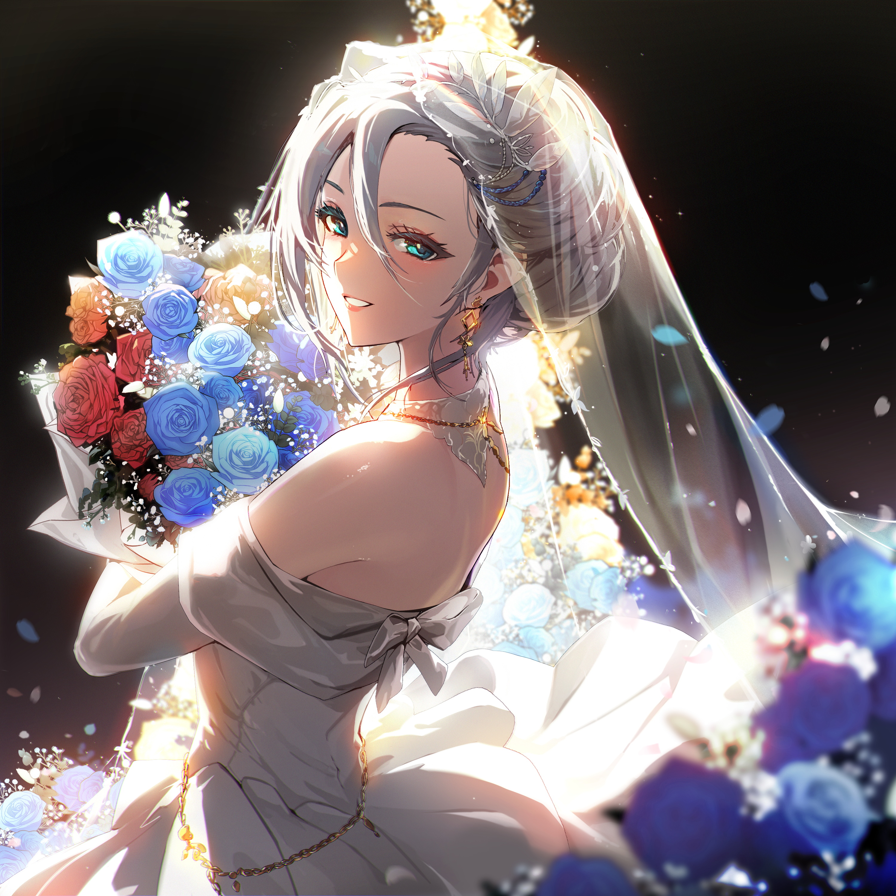 freyja (master of eternity), master of eternity, absurdres, artist request, bad source, highres, 1girl, alternate hairstyle, aqua eyes, bare shoulders, black background, blue flower, blue petals, blue rose, blurry, blurry foreground, bouquet, bridal veil, dress, earrings, falling petals, flower, forehead, from side, grey hair, grin, hair between eyes, hair up, halterneck, holding, holding bouquet, jewelry, looking at viewer, looking to the side, medium hair, petals, red flower, red rose, rose, shiny skin, simple background, smile, solo, upper body, veil, wedding dress, white dress