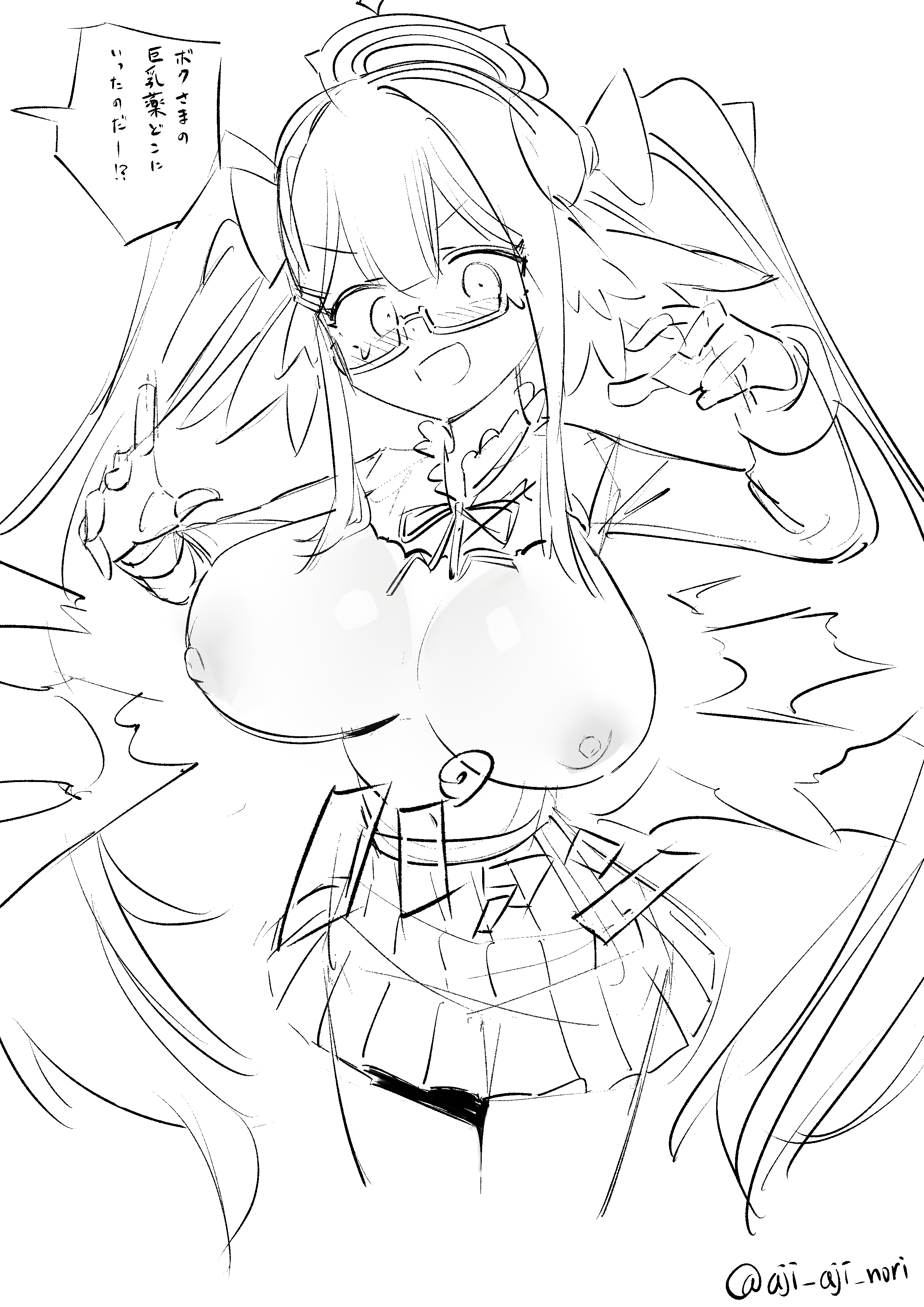 aji aji nori, shimiko (blue archive), blue archive, absurdres, highres, 1girl, bow, breasts, glasses, greyscale, hair bow, halo, large breasts, long hair, looking at viewer, monochrome, nipples, open mouth, ribbon, semi-rimless eyewear, simple background, sketch, skirt, solo, speech bubble, twintails, twitter username
