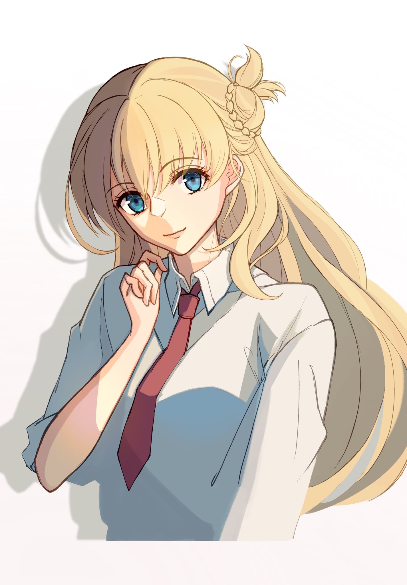 riwancece 428, agnes claudel, eiyuu densetsu, kai no kiseki, kuro no kiseki (series), highres, 1girl, blonde hair, blue eyes, breasts, bun with braided base, hair between eyes, hair bun, long hair, looking at viewer, medium breasts, necktie, portrait, red necktie, shadow, shirt, simple background, single side bun, smile, solo, upper body, white background, white shirt