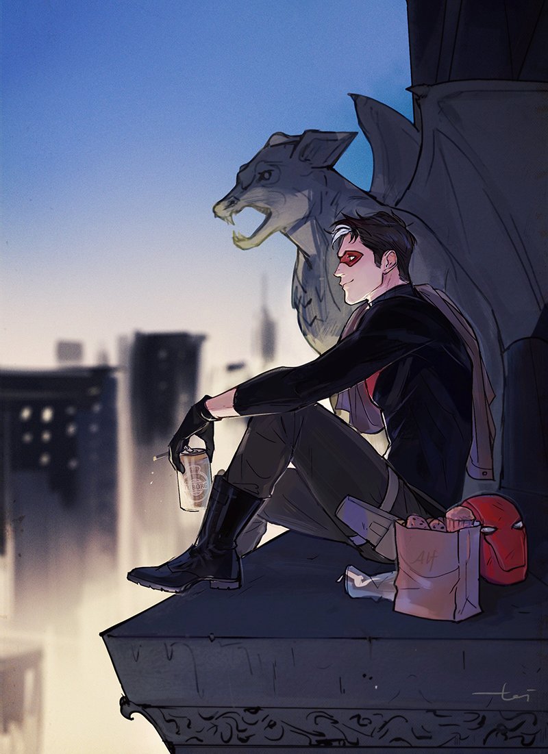 wonkrin, jason todd, red hood (dc), batman (series), dc comics, 1boy, bat signal, batman symbol, black bodysuit, black gloves, black hair, bodysuit, brown jacket, domino mask, gloves, grey bodysuit, holding, jacket, male focus, mask, multicolored hair, muscular, muscular male, pants, red hood and the outlaws, red mask, short hair, smile, solo, superhero costume, taut bodysuit, two-tone bodysuit, white hair