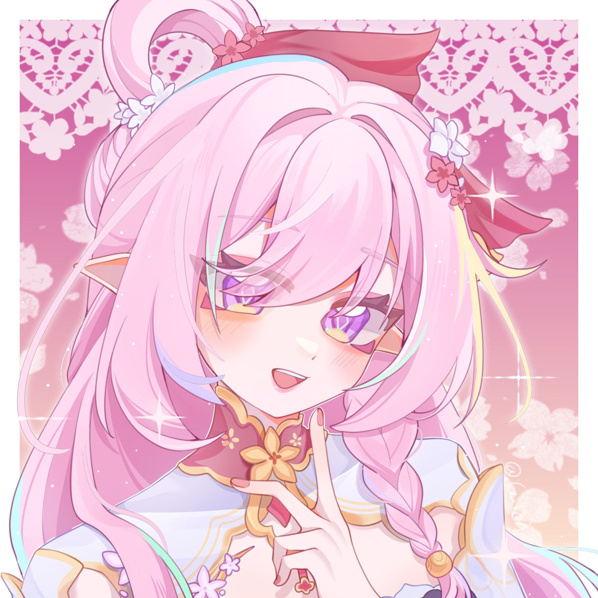 catlenxingxing, elysia (herrscher of human: ego) (honkai impact), elysia (honkai impact), elysia (peachy spring) (honkai impact), honkai (series), honkai impact 3rd, chinese commentary, commentary request, highres, 1girl, border, braid, breasts, diamond-shaped pupils, diamond (shape), elf, floral background, flower, hair flower, hair ornament, long hair, official alternate costume, open mouth, pink hair, pointy ears, purple eyes, single braid, smile, solo, symbol-shaped pupils, upper body, very long hair, white border