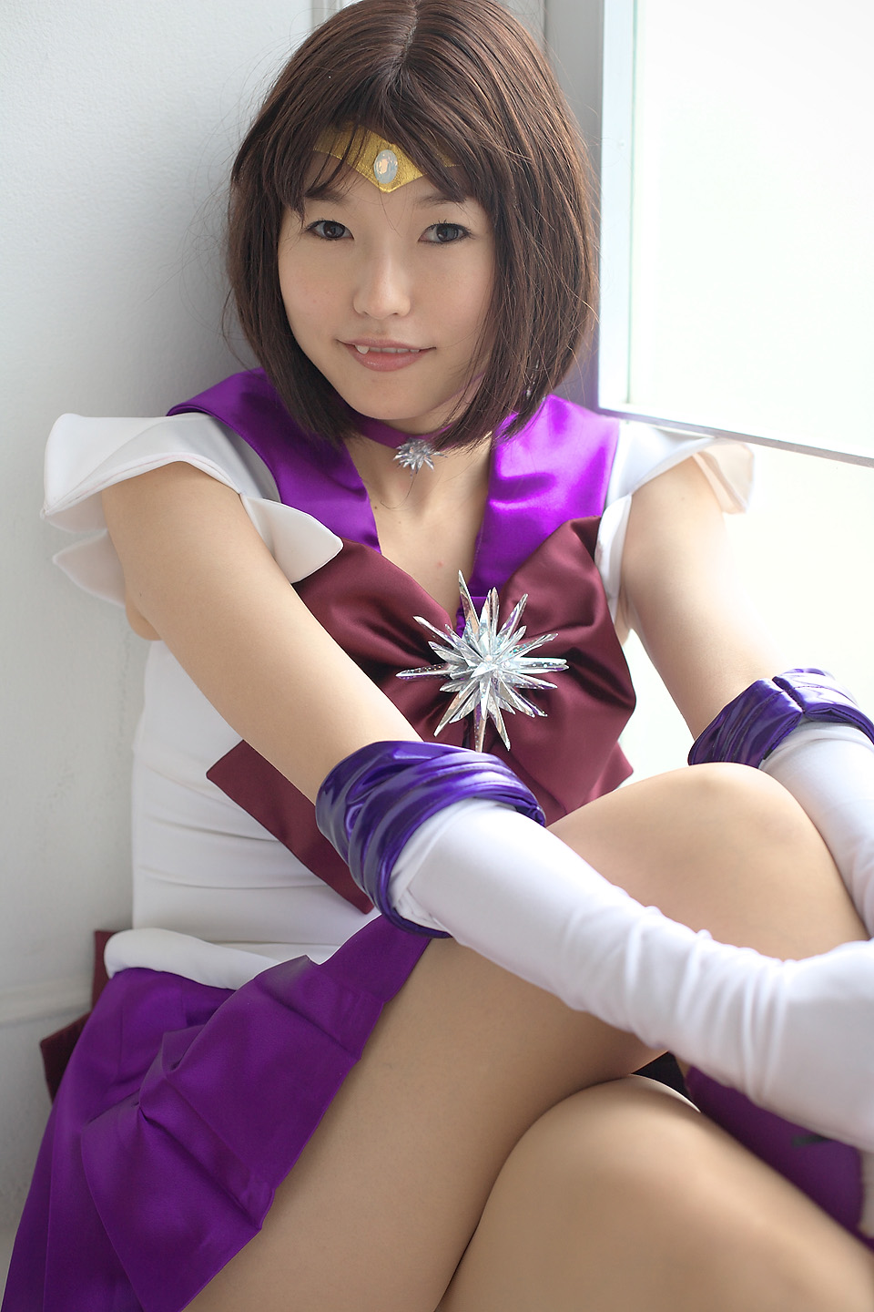 kumi, sailor saturn, tomoe hotaru, bishoujo senshi sailor moon, highres, photo (medium), boots, cosplay, elbow gloves, fang, gloves, pantyhose