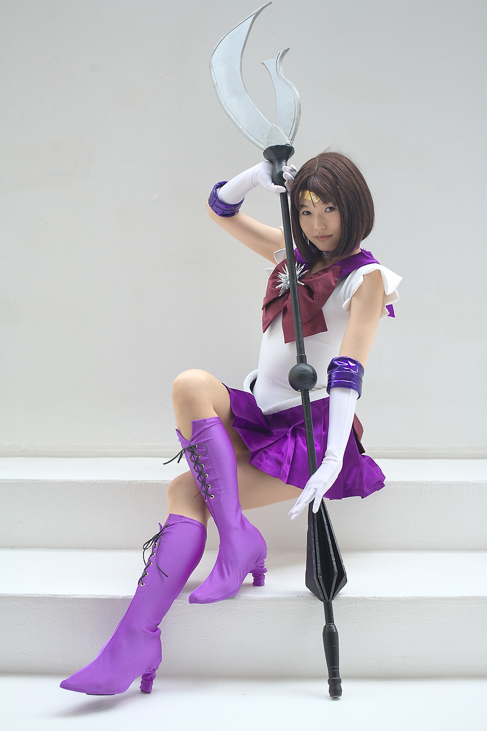kumi, sailor saturn, tomoe hotaru, bishoujo senshi sailor moon, highres, photo (medium), boots, cosplay, elbow gloves, fang, glaive (polearm), gloves, pantyhose, polearm, silence glaive, weapon