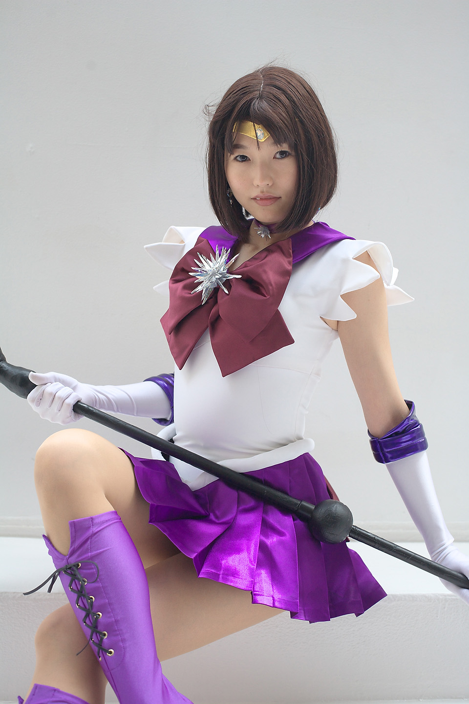 kumi, sailor saturn, tomoe hotaru, bishoujo senshi sailor moon, highres, photo (medium), boots, cosplay, elbow gloves, fang, glaive (polearm), gloves, pantyhose, polearm, silence glaive, weapon