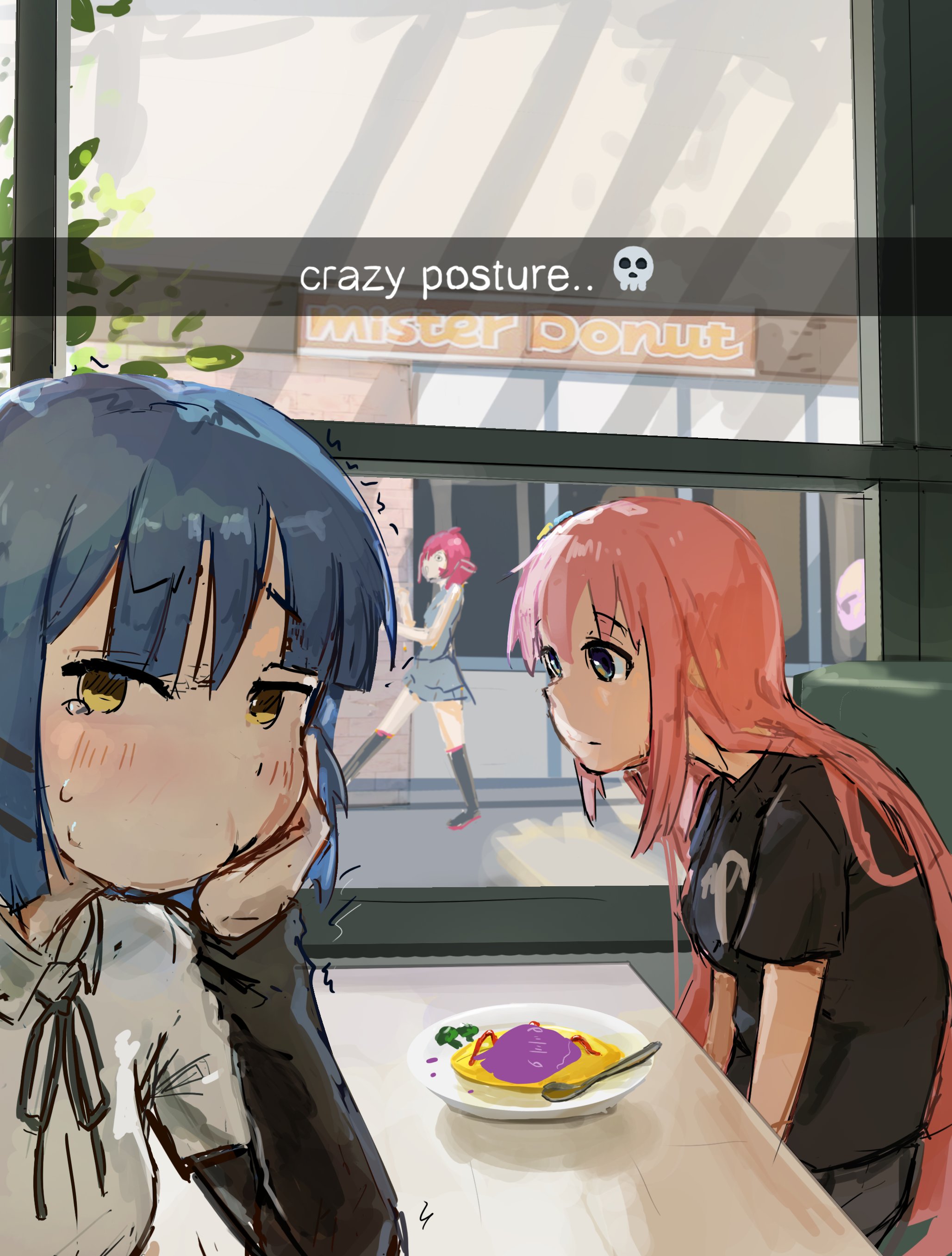 liamickpie, gotoh hitori, kasane teto, yamada ryo, bocchi the rock!, mister donut, absurdres, commentary, english commentary, highres, 3girls, black ribbon, black shirt, blue eyes, blue hair, crossover, english text, food, grey shirt, grey skirt, indoors, leaning forward, looking at viewer, multiple girls, neck ribbon, omelet, omurice, pink hair, red hair, restaurant, ribbon, shirt, short hair, sitting, skirt, utah, white shirt, yellow eyes