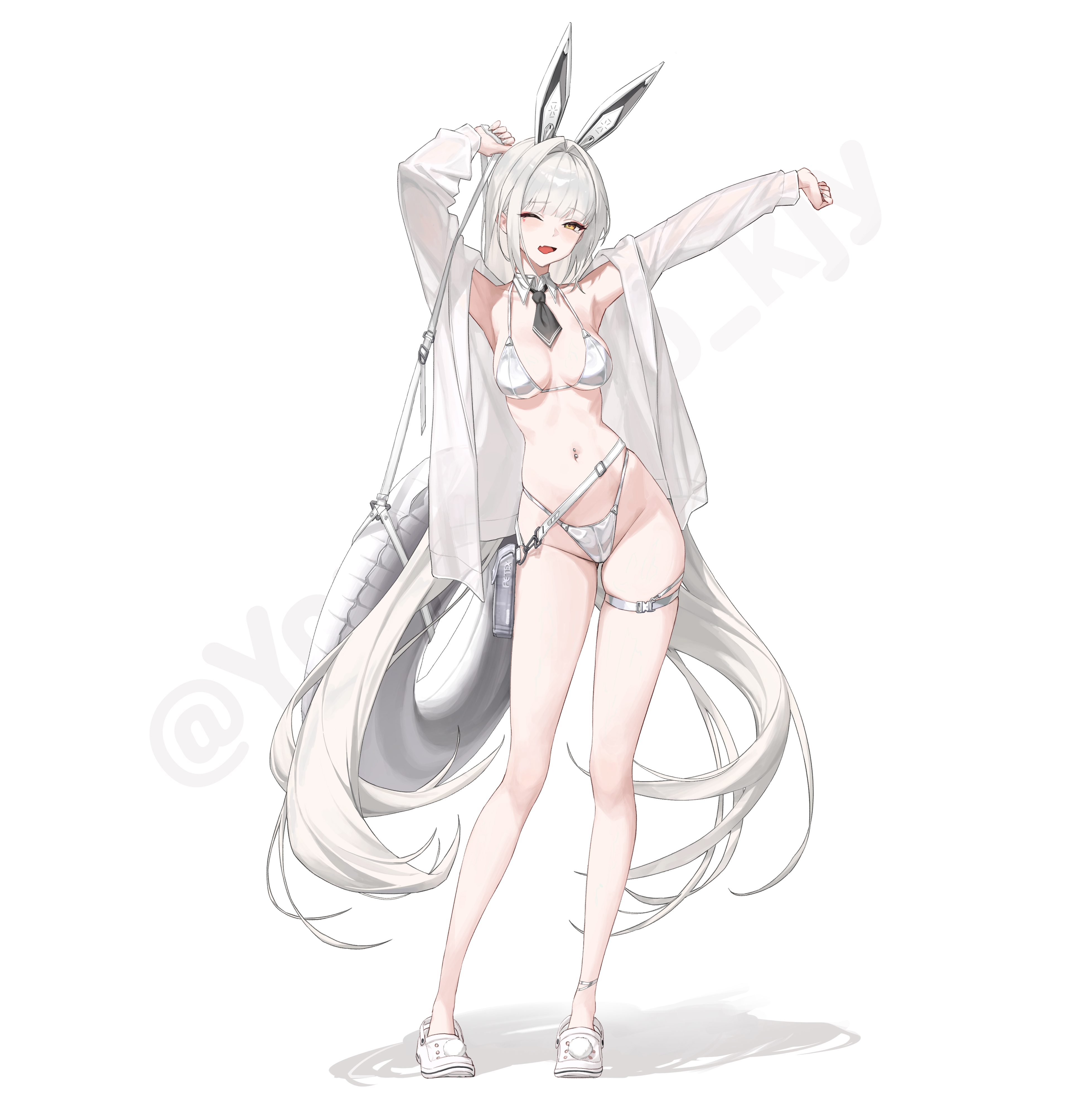 youngjoo kjy, blanc (nikke), goddess of victory: nikke, absurdres, highres, animal ears, bikini, breasts, crocs, fake animal ears, innertube, long hair, navel, one eye closed, open clothes, open shirt, rabbit ears, shirt, swim ring, swimsuit, very long hair, white bikini, white hair, white shirt, yellow eyes