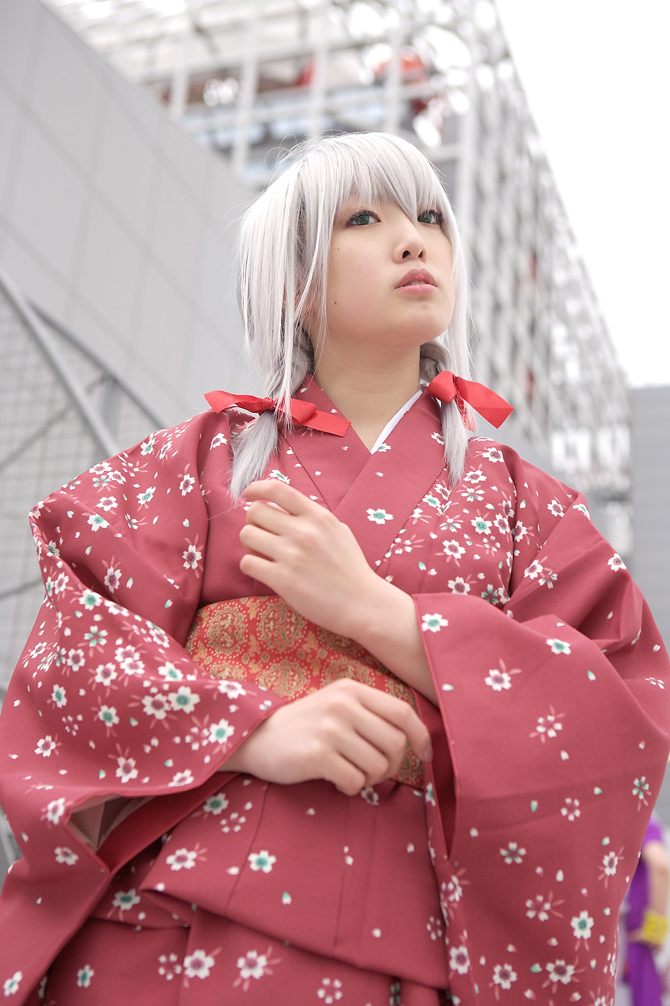 ren (model), silver hair, highres, photo (medium), braid, cosplay, japanese clothes, kimono, nobara, twin braids