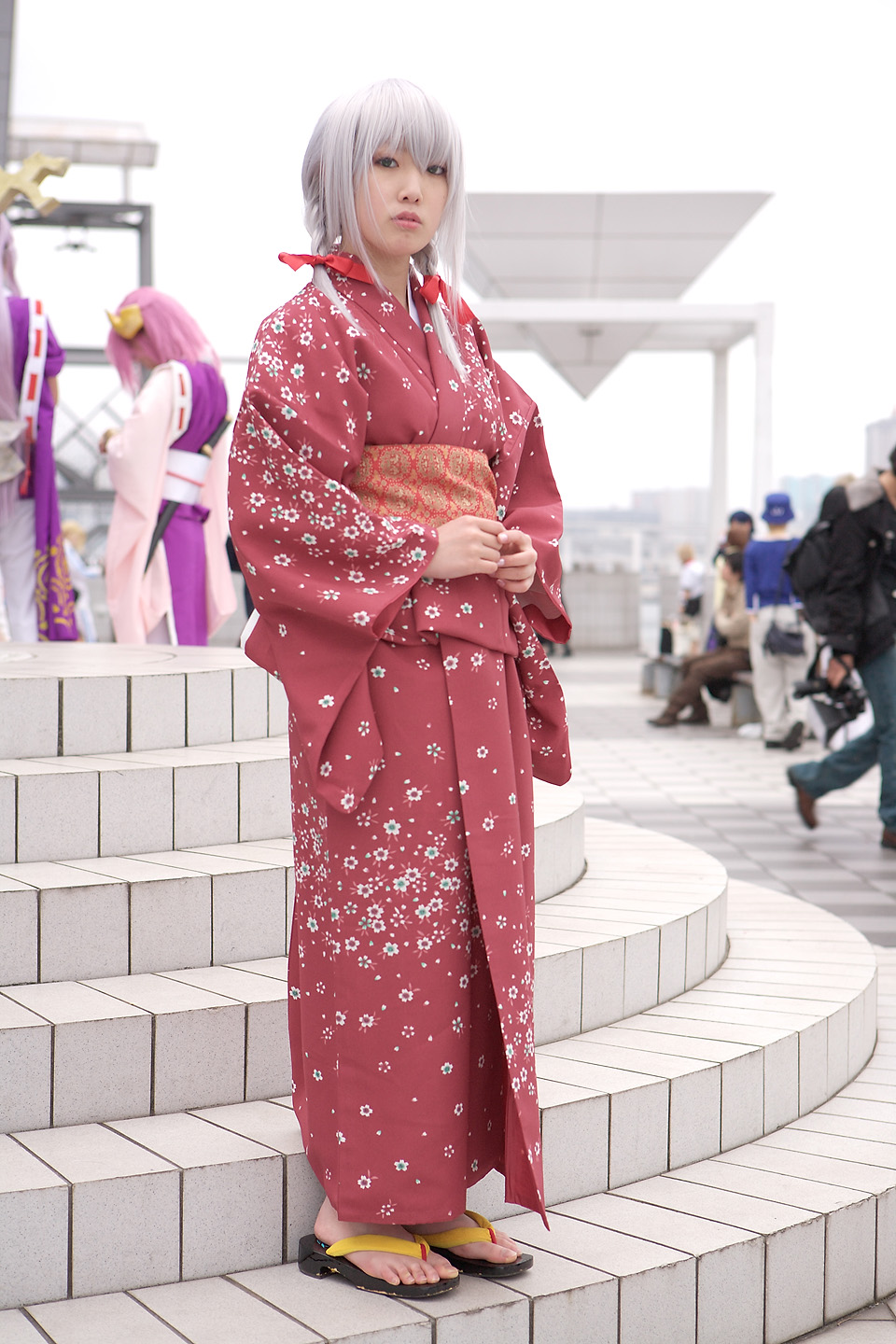 ren (model), silver hair, highres, photo (medium), braid, cosplay, japanese clothes, kimono, nobara, twin braids