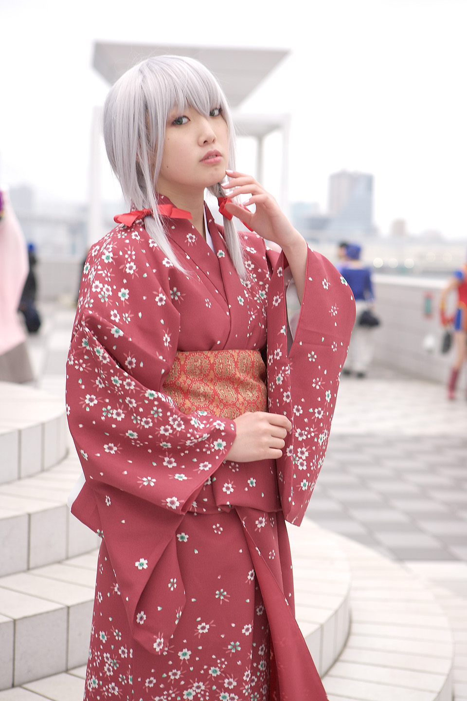 ren (model), silver hair, highres, photo (medium), braid, cosplay, japanese clothes, kimono, nobara, twin braids