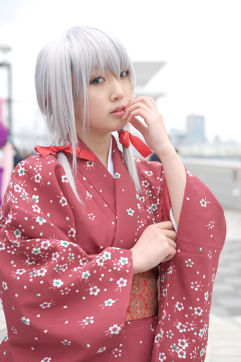ren (model), silver hair, highres, photo (medium), braid, cosplay, japanese clothes, kimono, nobara, twin braids