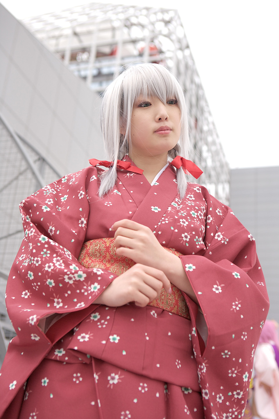 ren (model), silver hair, highres, photo (medium), braid, cosplay, japanese clothes, kimono, nobara, twin braids