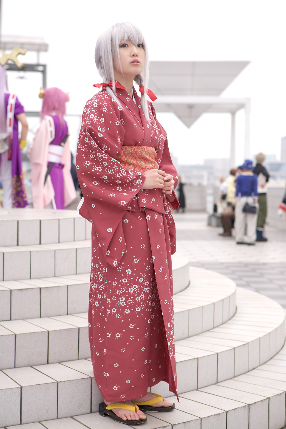 ren (model), silver hair, highres, photo (medium), braid, cosplay, japanese clothes, kimono, nobara, twin braids