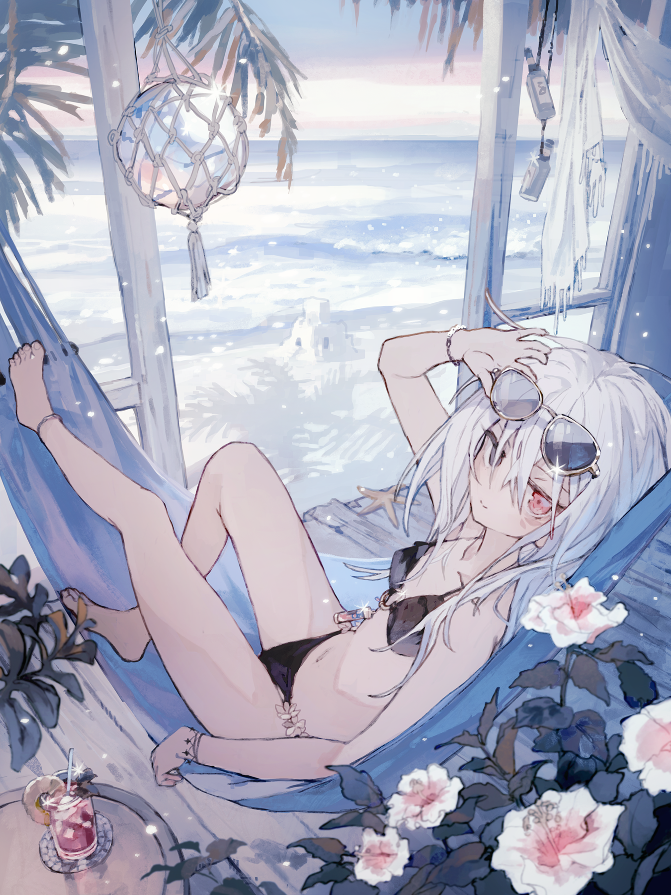 watakokyu, original, commentary, highres, 1girl, adjusting eyewear, beach, bikini, black bikini, bottle, bracelet, breasts, closed mouth, cup, drink, eyewear on head, flower, grey eyes, hammock, heterochromia, jewelry, lying, ocean, on back, on hammock, outdoors, red eyes, sand castle, sand sculpture, small breasts, solo, starfish, sunglasses, swimsuit, white flower, white hair