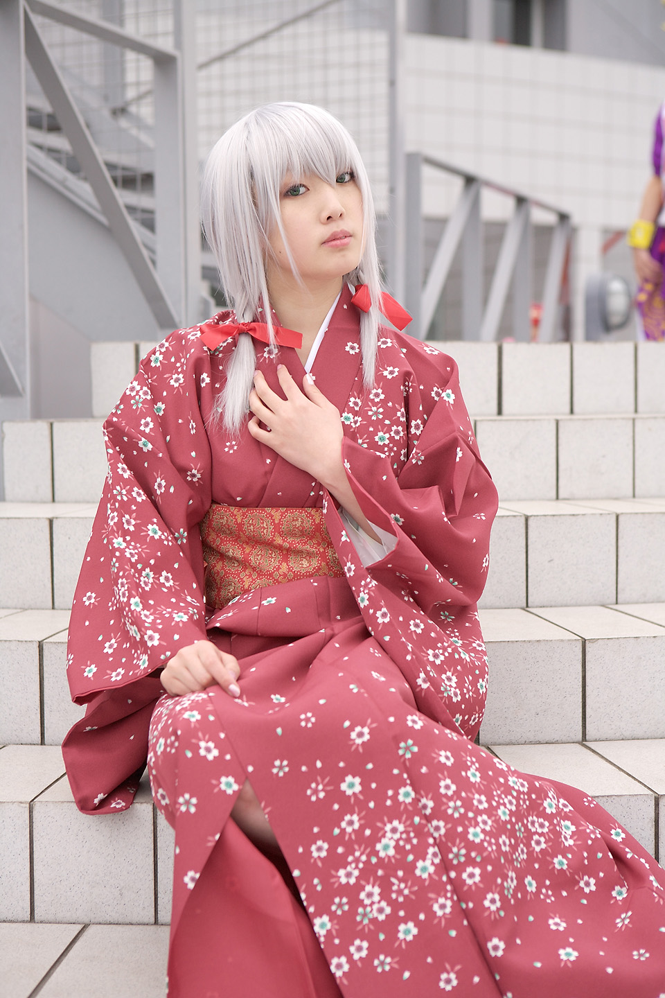 ren (model), silver hair, highres, photo (medium), braid, cosplay, japanese clothes, kimono, nobara, twin braids