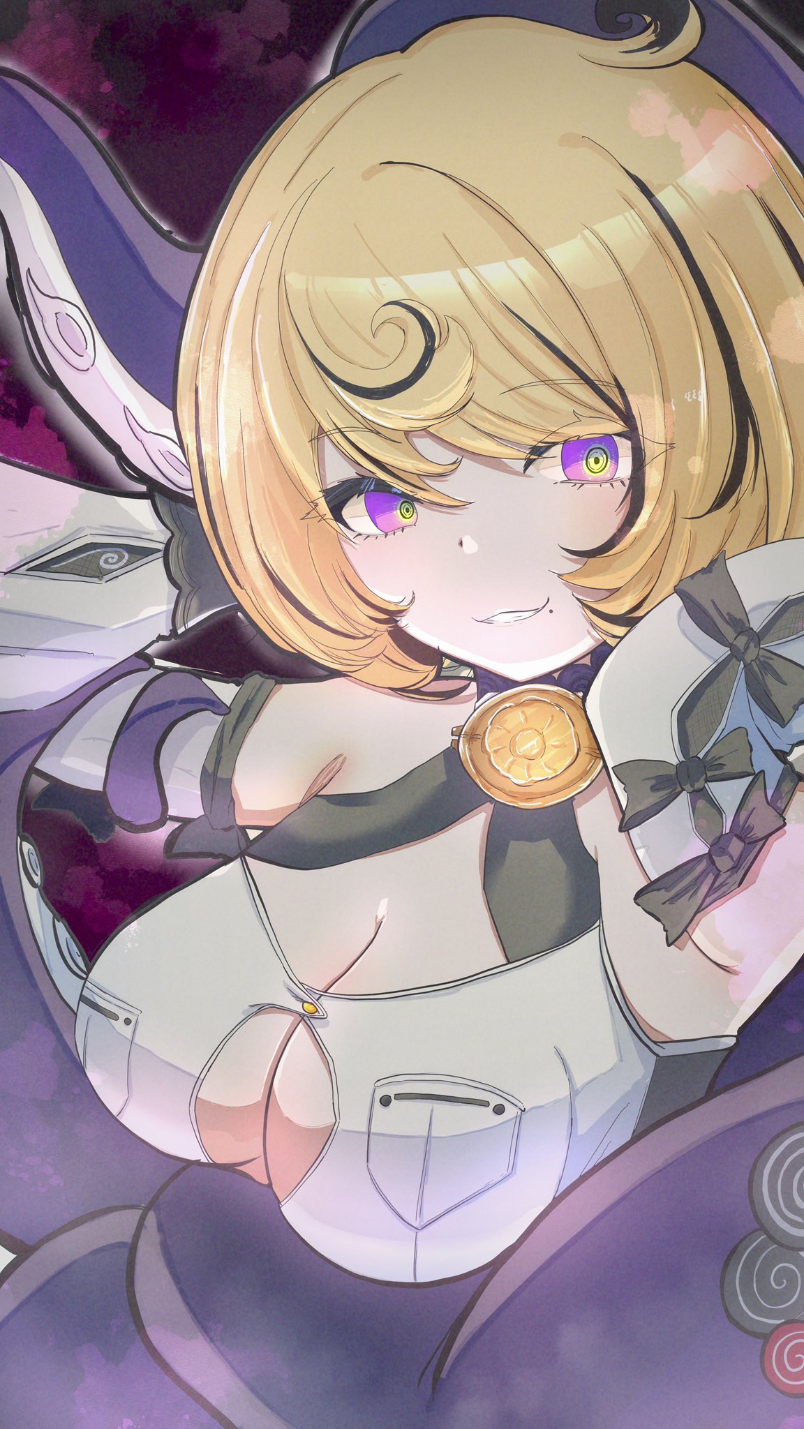 kurone sc, yidhari (zenless zone zero), zenless zone zero, highres, accessories, blonde hair, breasts, cleavage cutout, clothing cutout, detached sleeves, green pupils, hat, looking at viewer, mole, mole under mouth, monster girl, octopus, purple eyes, short hair, smile, sticker, tentacle tail, tentacles