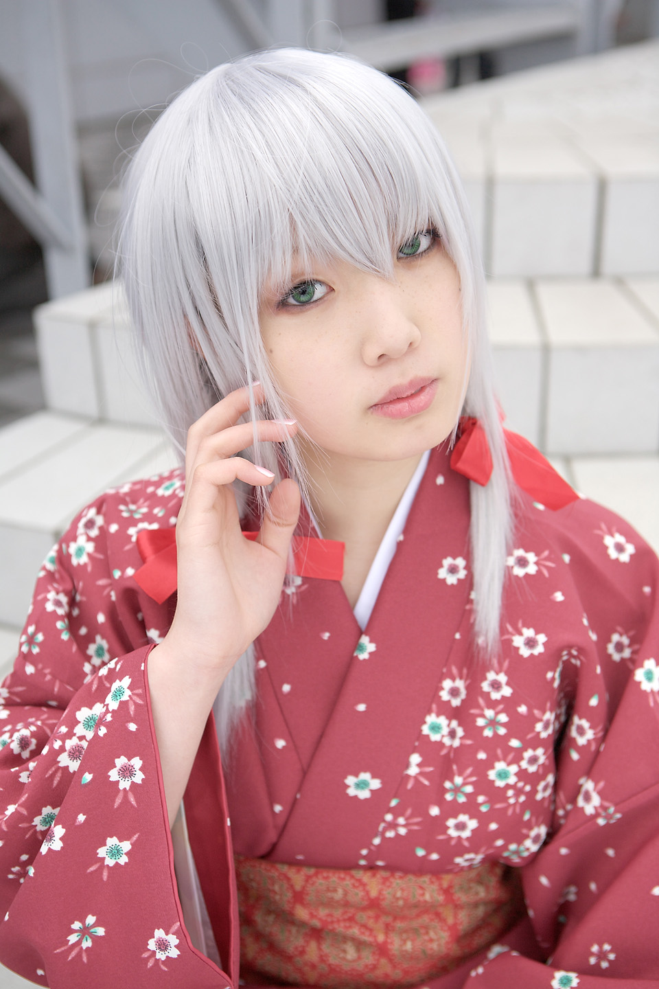 ren (model), silver hair, highres, photo (medium), braid, cosplay, japanese clothes, kimono, nobara, twin braids