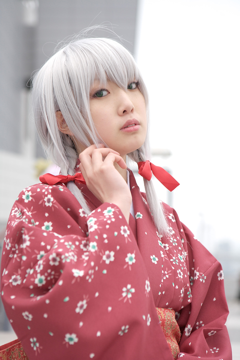 ren (model), silver hair, highres, photo (medium), braid, cosplay, japanese clothes, kimono, nobara, twin braids