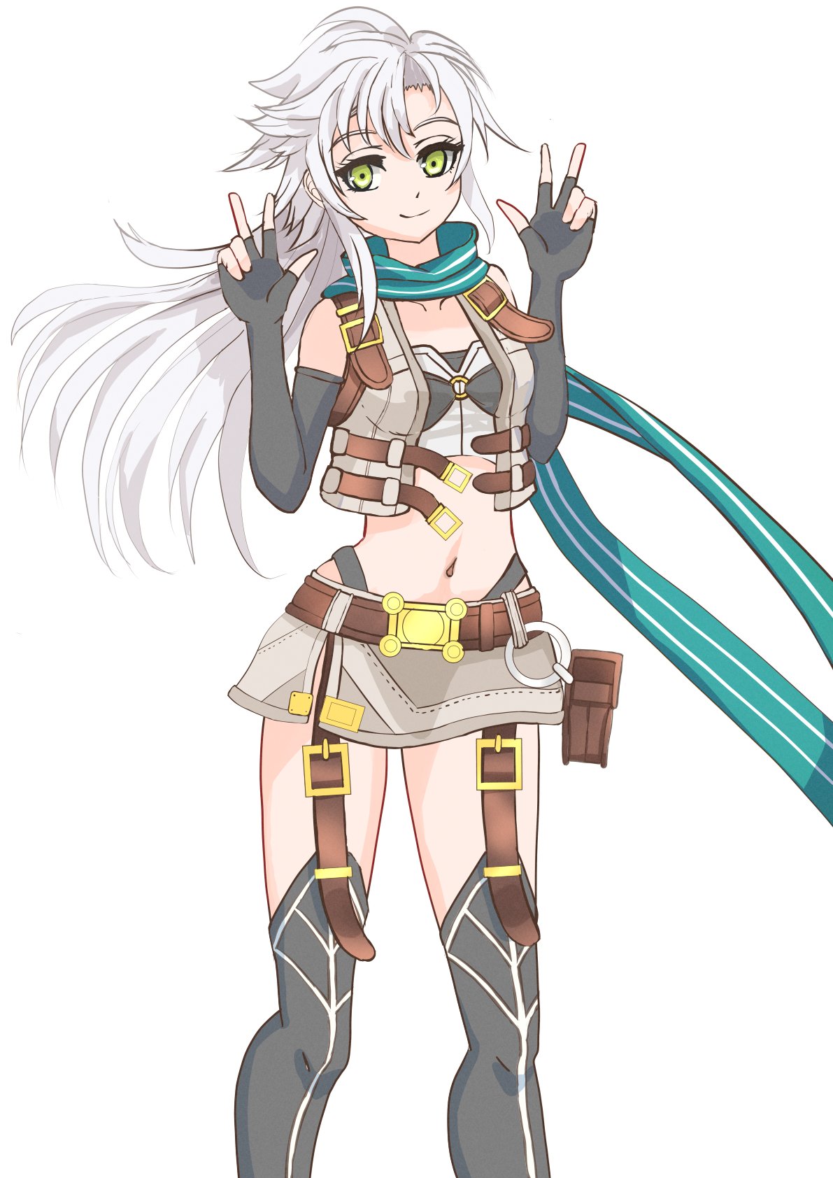 sirakaba324, fie claussell, eiyuu densetsu, sen no kiseki, sen no kiseki (series), sen no kiseki iii, highres, 1girl, black gloves, boots, crop top, cropped jacket, curtained hair, double v, elbow gloves, fingerless gloves, floating hair, floating scarf, gloves, green eyes, hair between eyes, long hair, looking at viewer, midriff, navel, parted bangs, scarf, sidelocks, simple background, skirt, smile, solo, thigh boots, v, white background, white hair