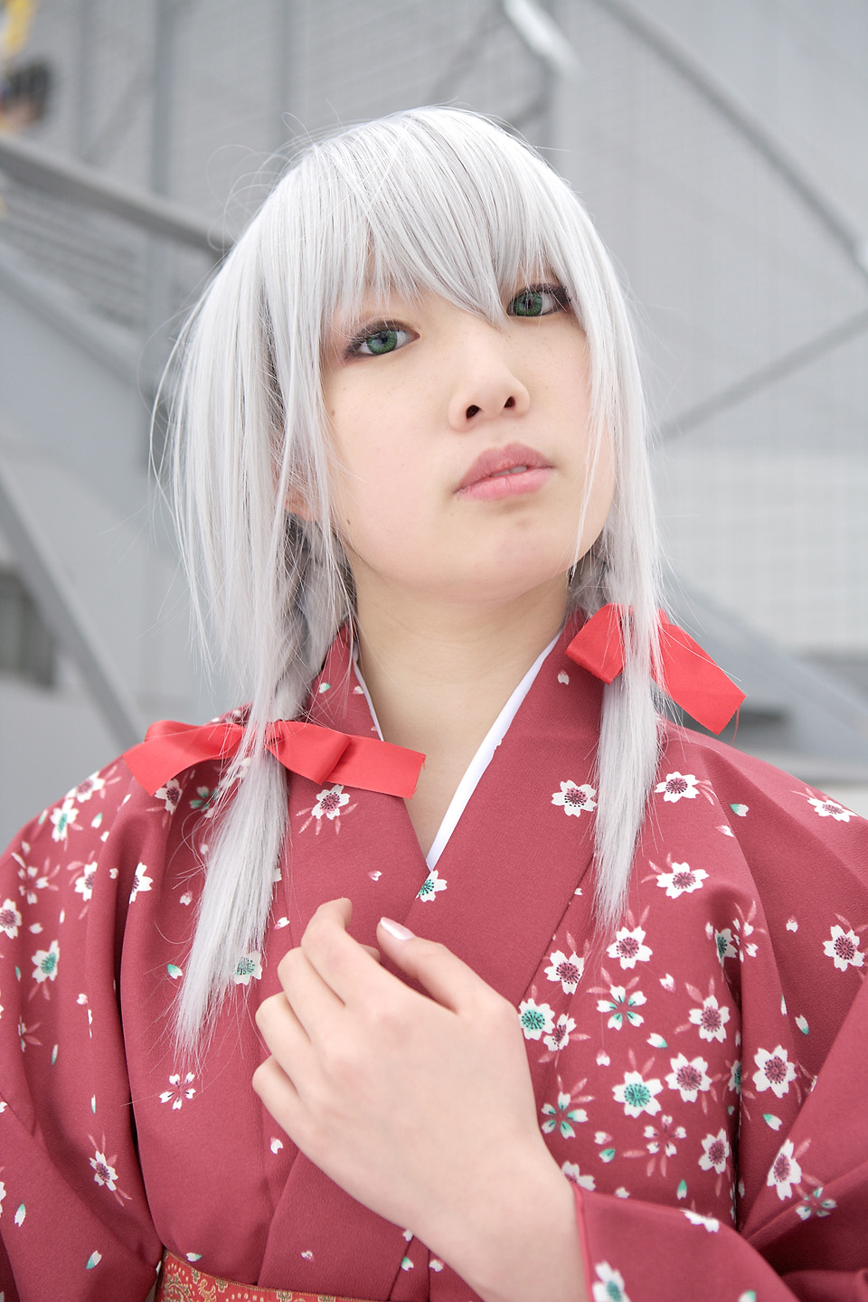 ren (model), silver hair, highres, photo (medium), braid, cosplay, japanese clothes, kimono, nobara, twin braids