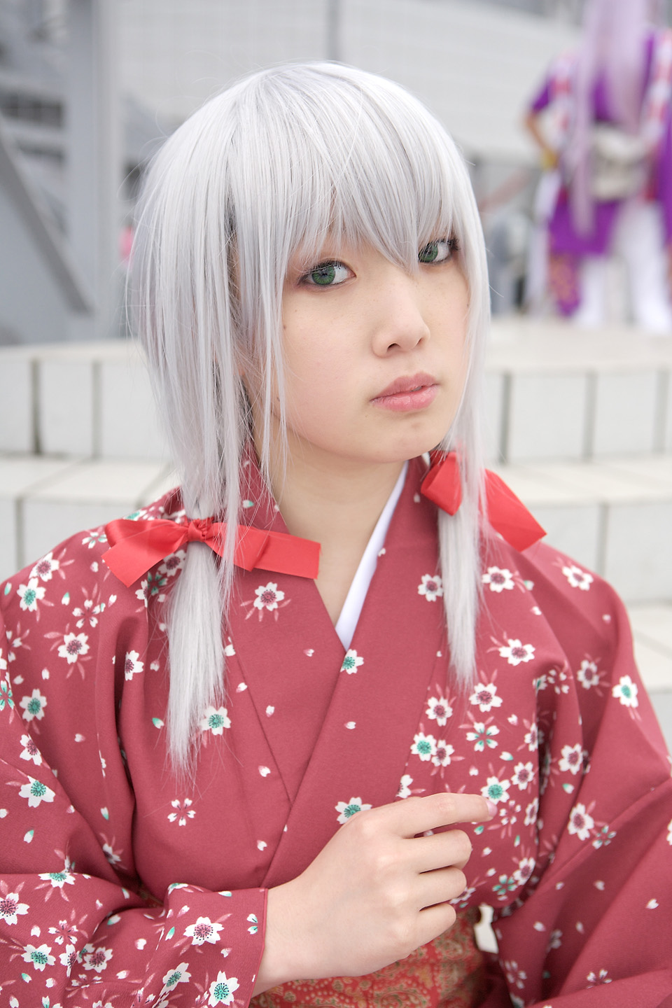 ren (model), silver hair, highres, photo (medium), braid, cosplay, japanese clothes, kimono, nobara, twin braids
