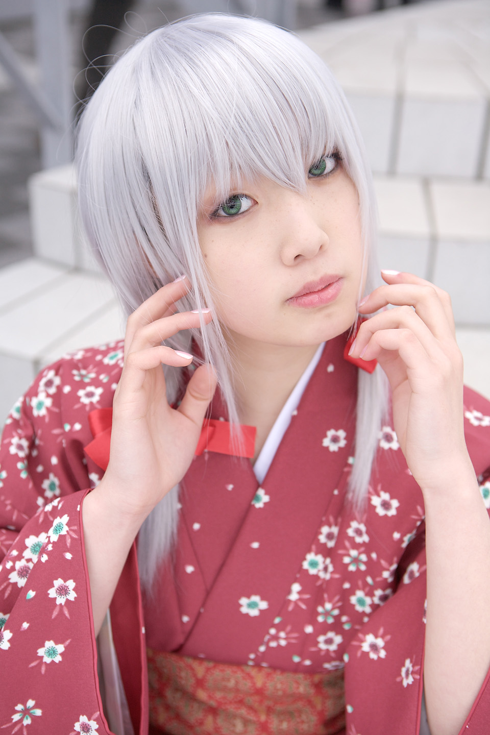 ren (model), silver hair, highres, photo (medium), braid, cosplay, japanese clothes, kimono, nobara, twin braids