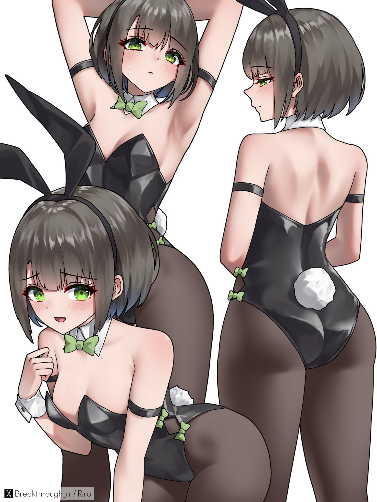 riro (breakthrough rr), miyabi (xenoblade), xenoblade chronicles (series), xenoblade chronicles 3, highres, 1girl, alternate costume, animal ears, armpits, ass, back, bare shoulders, blush, bow, breasts, brown pantyhose, detached collar, fake animal ears, green bow, green eyes, leotard, looking at viewer, multiple views, pantyhose, playboy bunny, presenting armpit, rabbit ears, rabbit tail, short hair, small breasts, solo, strapless, strapless leotard, tail, white wrist cuffs, wrist cuffs