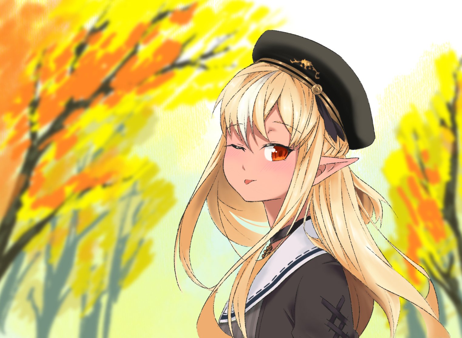 vividnatadecoco, shiranui flare, hololive, 1girl, beret, black collar, black hat, black jacket, blonde hair, blurry, blurry background, blush, collar, day, depth of field, elf, hair between eyes, hat, jacket, long hair, looking at viewer, multicolored hair, one eye closed, outdoors, pointy ears, red eyes, sailor collar, solo, streaked hair, tongue, tongue out, tree, upper body, virtual youtuber, white hair, white sailor collar