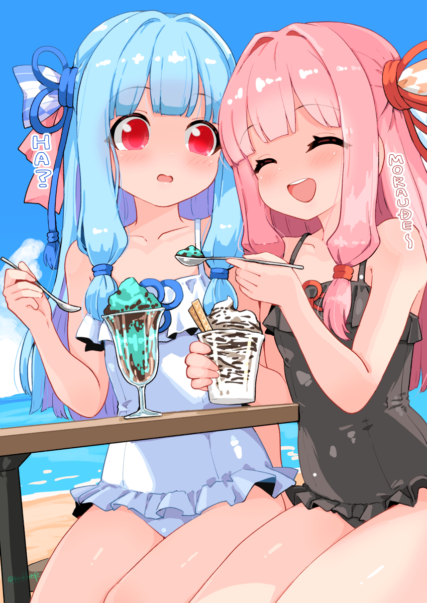 kanoe soushi, kotonoha akane, kotonoha aoi, voiceroid, commentary, english commentary, highres, translation request, 2girls, beach, black one-piece swimsuit, blue hair, blue sky, blush, cup, day, food, frilled one-piece swimsuit, frills, hair iron, holding, holding cup, holding spoon, ice cream, long hair, mint chocolate, multiple girls, one-piece swimsuit, open mouth, outdoors, pink hair, red eyes, ribbon, romaji text, siblings, sisters, sitting, sky, spoon, swimsuit, white one-piece swimsuit