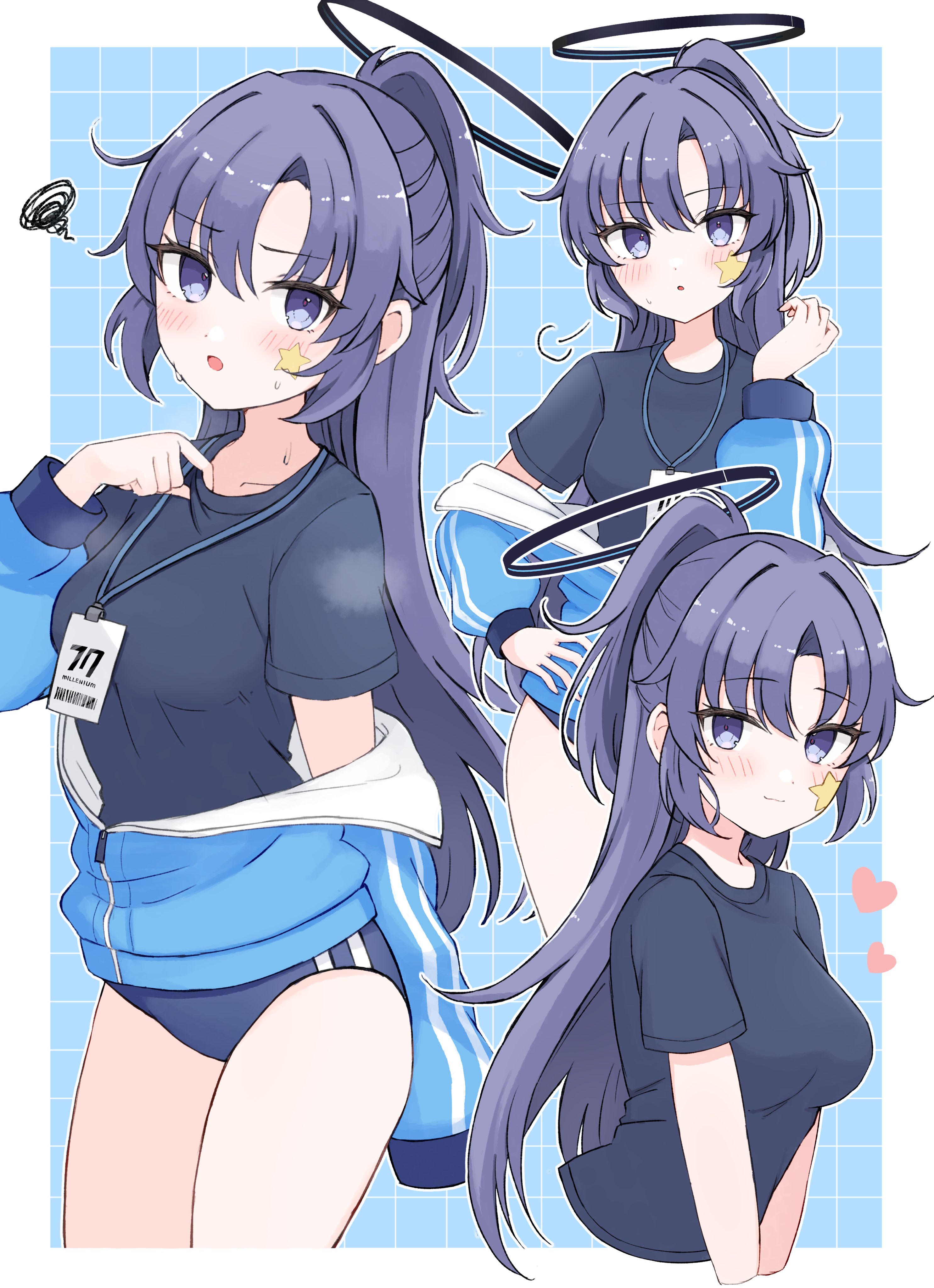 azuki (az my), yuuka (blue archive), yuuka (track) (blue archive), blue archive, absurdres, highres, 1girl, black shirt, blue buruma, blue jacket, blush, breasts, buruma, gym uniform, halo, heart, id card, jacket, jacket partially removed, lanyard, long hair, long sleeves, looking at viewer, mechanical halo, medium breasts, multiple views, official alternate costume, open mouth, partially unzipped, ponytail, purple eyes, purple hair, shirt, short sleeves, squiggle, star (symbol), star sticker, sticker, sticker on face, track jacket