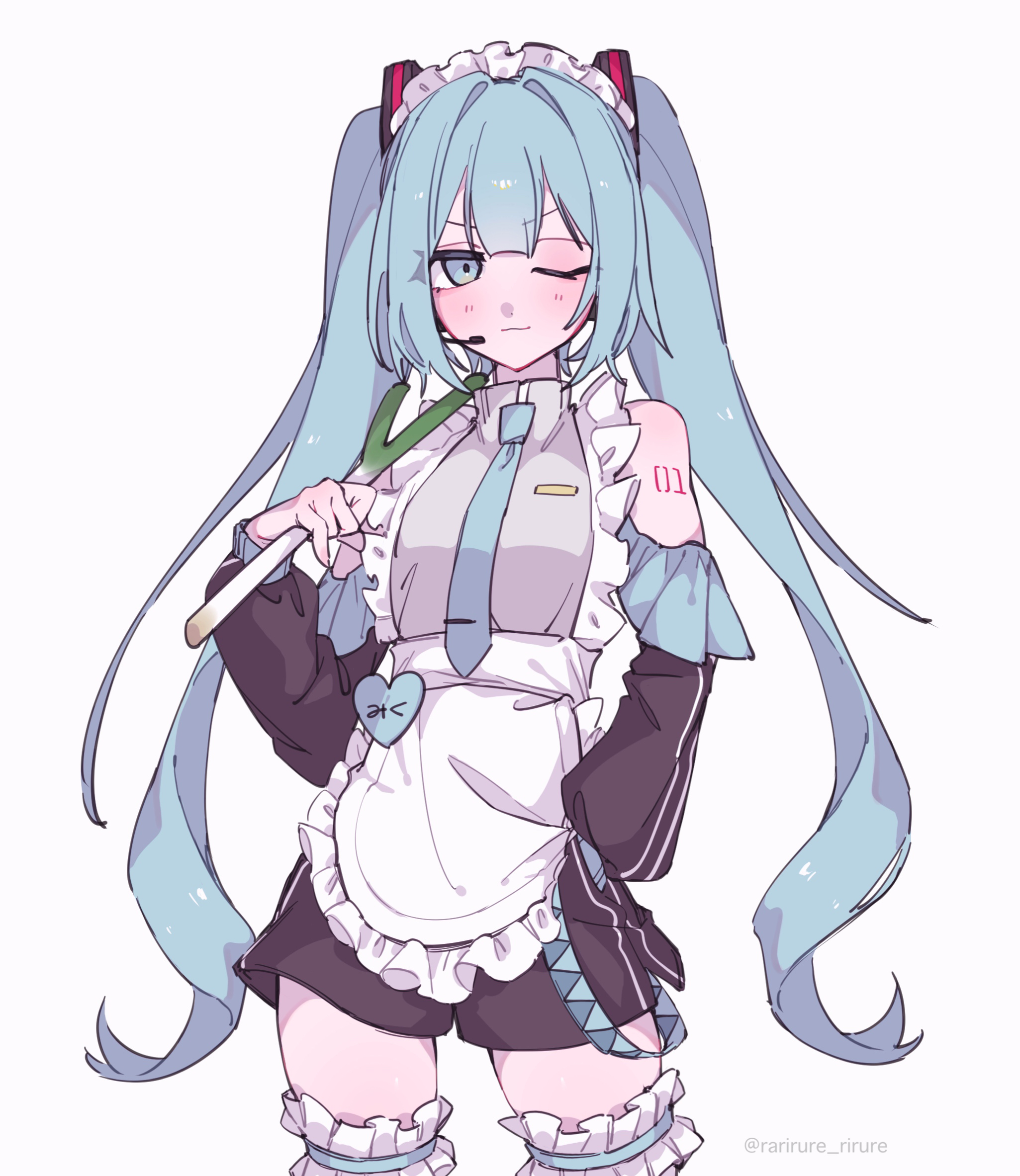 rarirure rirure, hatsune miku, vocaloid, highres, 1girl, alternate costume, apron, arm tattoo, bare shoulders, black shorts, blue eyes, blue hair, blue necktie, closed mouth, cowboy shot, detached sleeves, enmaided, frilled thigh strap, grey shirt, headset, long hair, looking at viewer, maid, maid apron, necktie, one eye closed, shirt, shorts, sleeveless, sleeveless shirt, smile, solo, spring onion, standing, tattoo, thigh strap, twintails, twitter username, v-shaped eyebrows, white background
