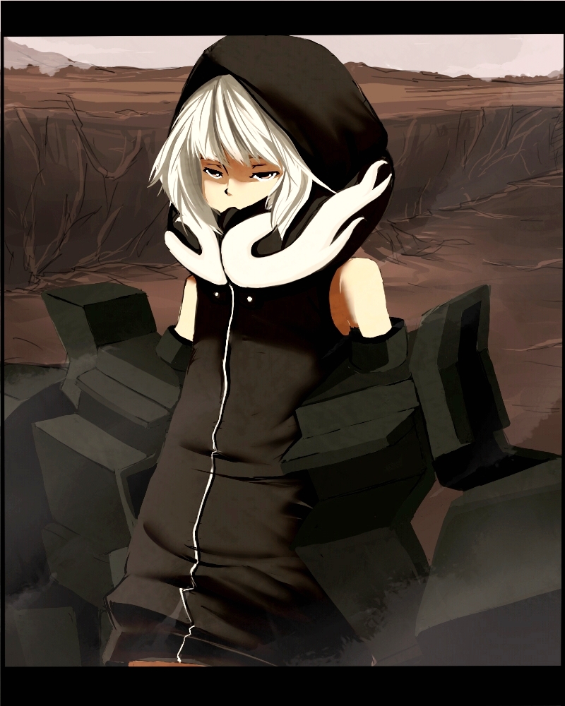 riozer, strength (black rock shooter), black rock shooter, 1girl, black hoodie, flame print, high collar, hood, hoodie, mechanical arms, short hair, solo, white hair
