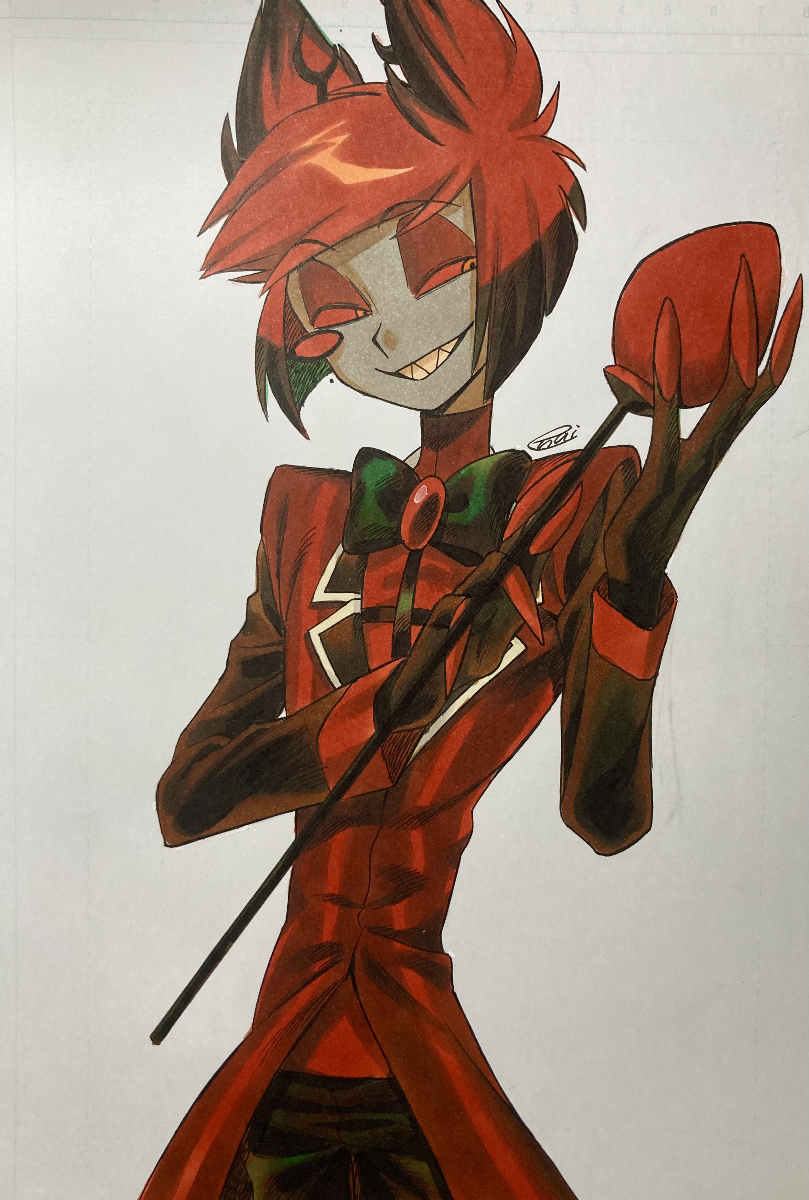 menma (enaic31), alastor (hazbin hotel), hazbin hotel, hellaverse, absurdres, highres, marker (medium), traditional media, 1boy, :d, animal ears, antlers, black bow, black bowtie, black hair, black pants, bob cut, bow, bowtie, coat, colored sclera, colored skin, colored teeth, colored tips, cowboy shot, deer antlers, deer ears, eyeshadow, fewer digits, grey background, grey skin, grin, hands up, holding, holding staff, horns, inverted bob, lapels, long sleeves, looking at object, looking to the side, makeup, male focus, monocle, multicolored hair, notched lapels, open mouth, pants, red brooch, red coat, red eyes, red eyeshadow, red hair, red sclera, red shirt, sharp teeth, shirt, short hair, sideways glance, signature, simple background, skinny, smile, solo, staff, standing, striped coat, swept bangs, teeth, traditional bowtie, turtleneck, turtleneck shirt, two-tone hair, vertical-striped coat, white trim, yellow teeth