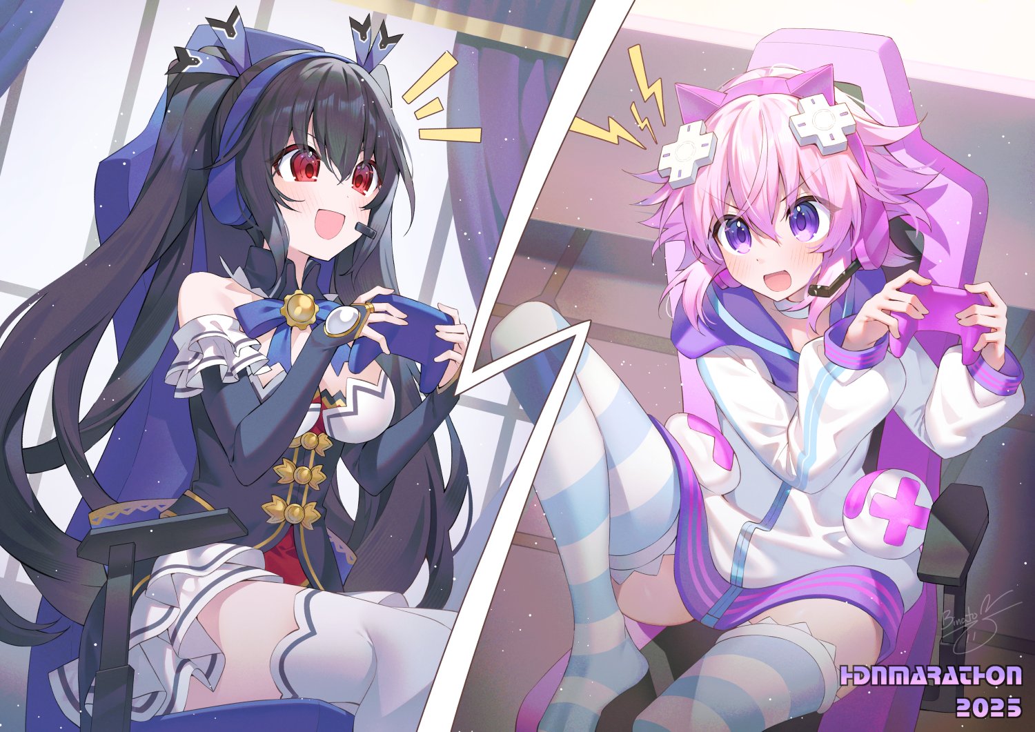 binato lulu, neptune (neptunia), noire (neptunia), neptune (series), commentary, 2girls, animal ear headphones, animal ears, bare shoulders, black hair, breasts, chair, choker, cleavage, controller, d-pad, d-pad hair ornament, fake animal ears, game controller, gaming chair, hair between eyes, hair ornament, hair ribbon, headphones, hood, hoodie, jewelry, long hair, medium breasts, multiple girls, neck ring, open mouth, purple eyes, purple hair, red eyes, ribbon, short hair, sidelocks, socks, striped clothes, striped socks, striped thighhighs, swivel chair, thighhighs, twintails