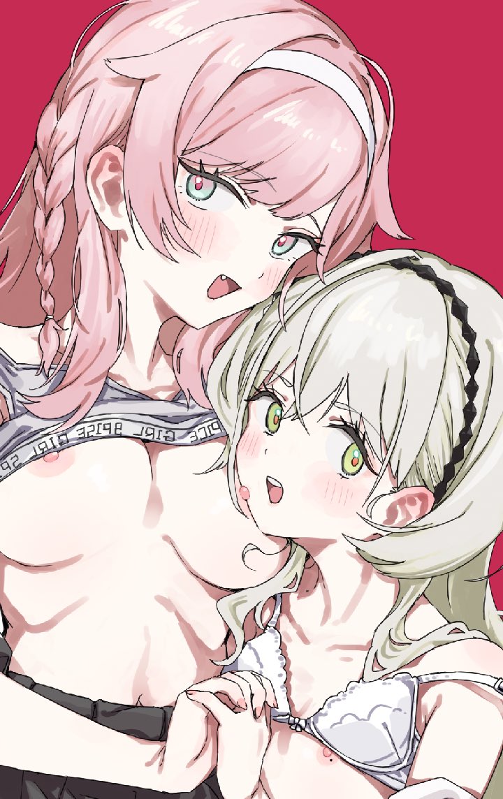 kusugi tai, character request, copyright request, tagme, 2girls, blonde hair, bra, bra lift, braid, breasts, hairband, interlocked fingers, large breasts, long hair, multiple girls, pink hair, red background, simple background, small breasts, underwear