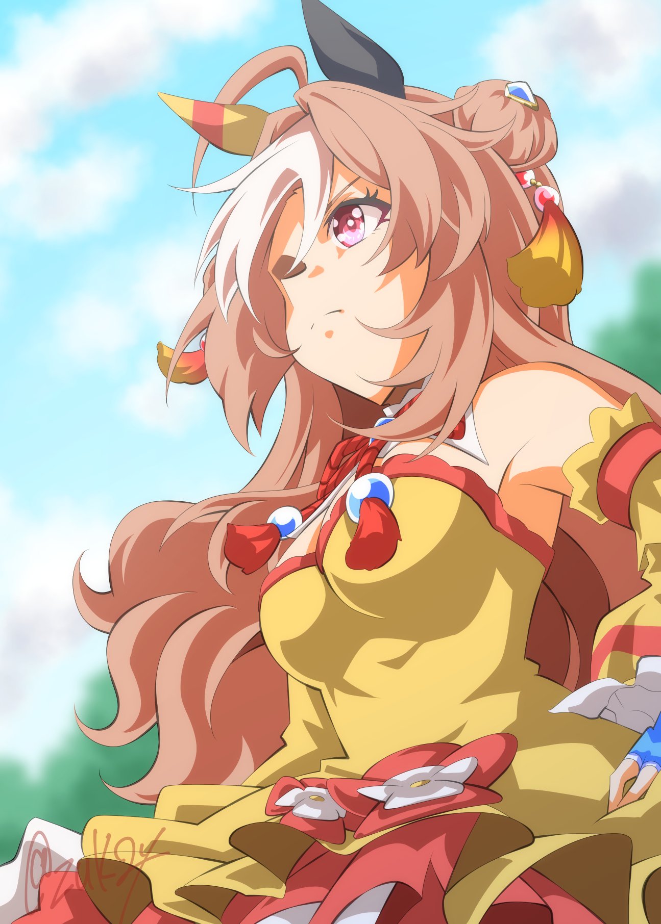 zukki (bijitaru), copano rickey (umamusume), umamusume, highres, 1girl, ahoge, animal ears, bare shoulders, blue sky, breasts, brown hair, closed mouth, cloud, dress, ear covers, ear ornament, from below, hair between eyes, hair bun, hair ornament, horse ears, horse girl, long hair, medium breasts, multicolored hair, outdoors, purple eyes, sky, solo, streaked hair, tassel, tassel hair ornament, white hair, yellow dress