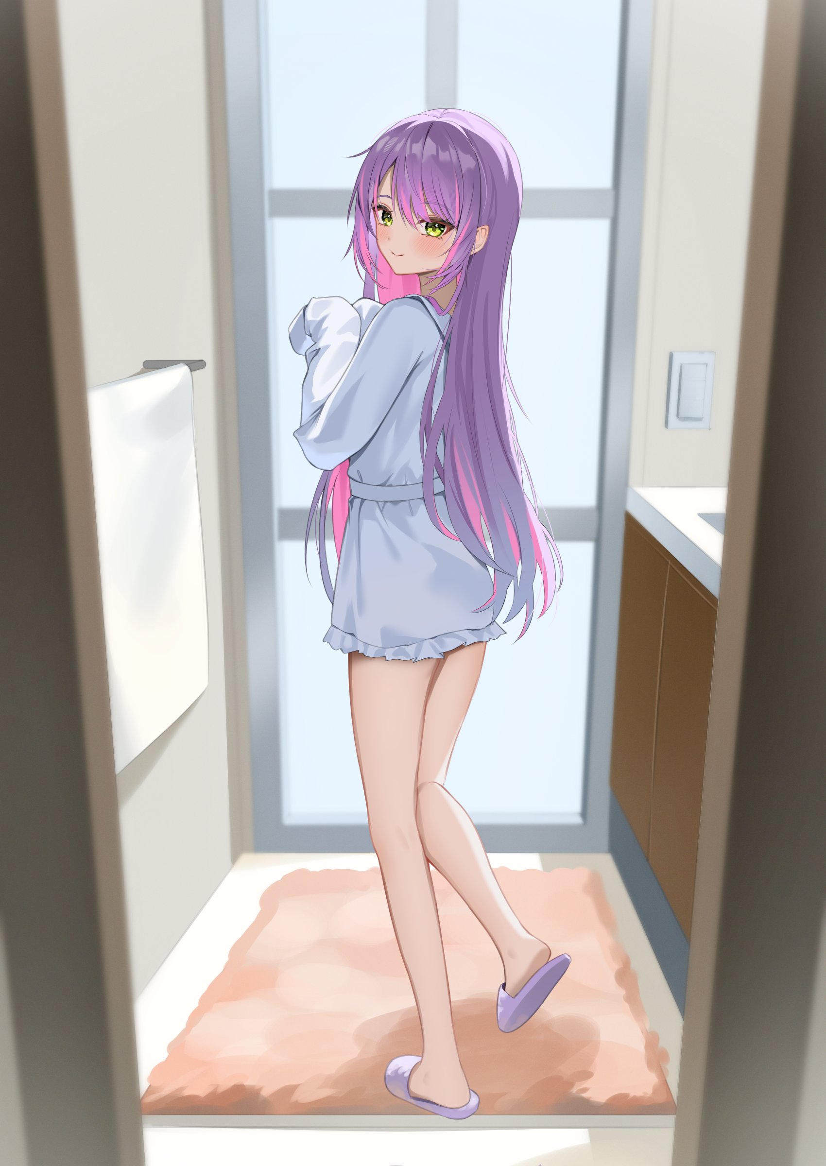 shuvi (shuvi1125), tokoyami towa, hololive, absurdres, commentary request, highres, 1girl, bare legs, bathroom, blush, closed mouth, colored inner hair, from behind, full body, green eyes, hands up, indoors, long hair, long sleeves, looking at viewer, looking back, multicolored hair, no pants, parted bangs, purple hair, rug, shirt, sleeves past fingers, sleeves past wrists, slippers, smile, solo, standing, straight hair, turning head, white shirt